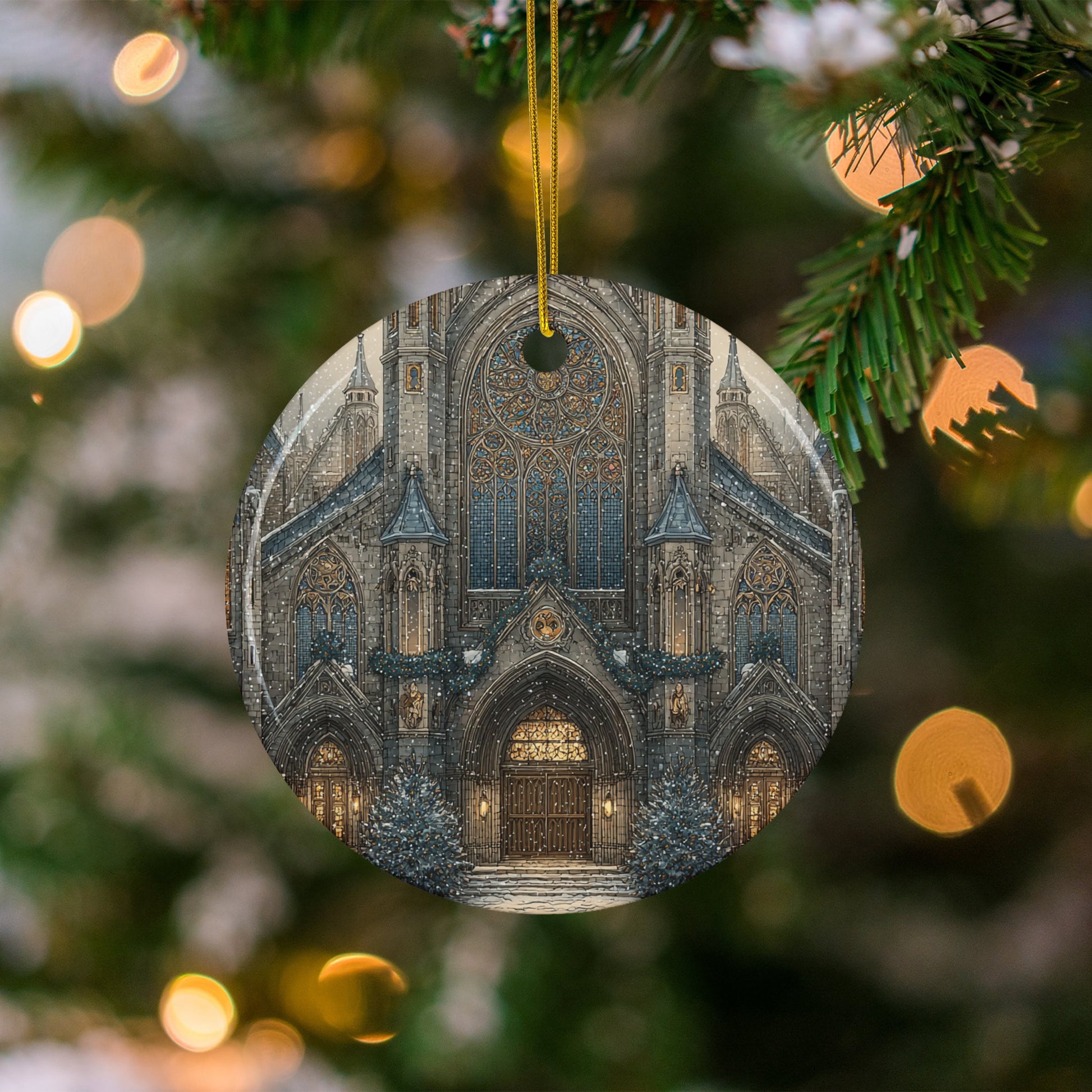 Cathedral Holiday Ornament Illustration Detailed Design