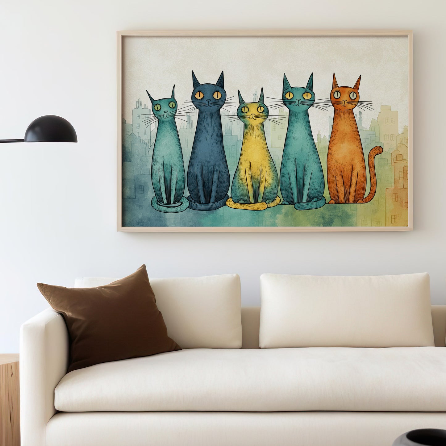 Five stylized cats in blue, yellow, and orange on a city skyline backdrop.