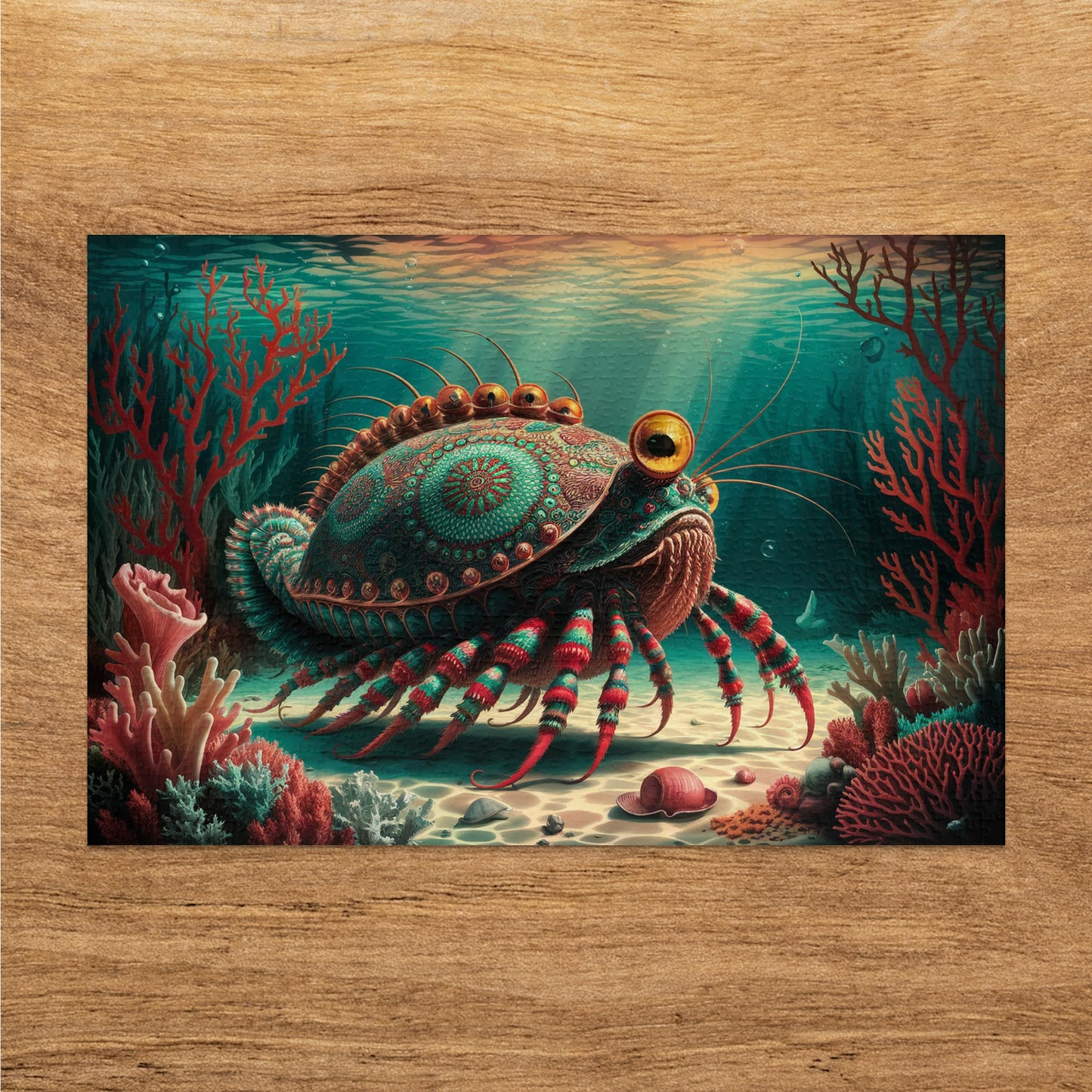 Fantasy crab with ornate shell and striped legs on sandy ocean floor.