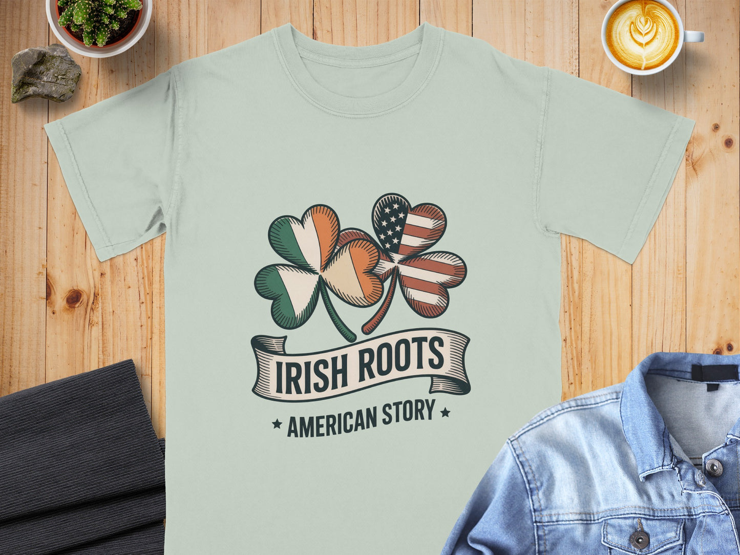 Light green t-shirt with shamrock design featuring Irish and US flags and text.
