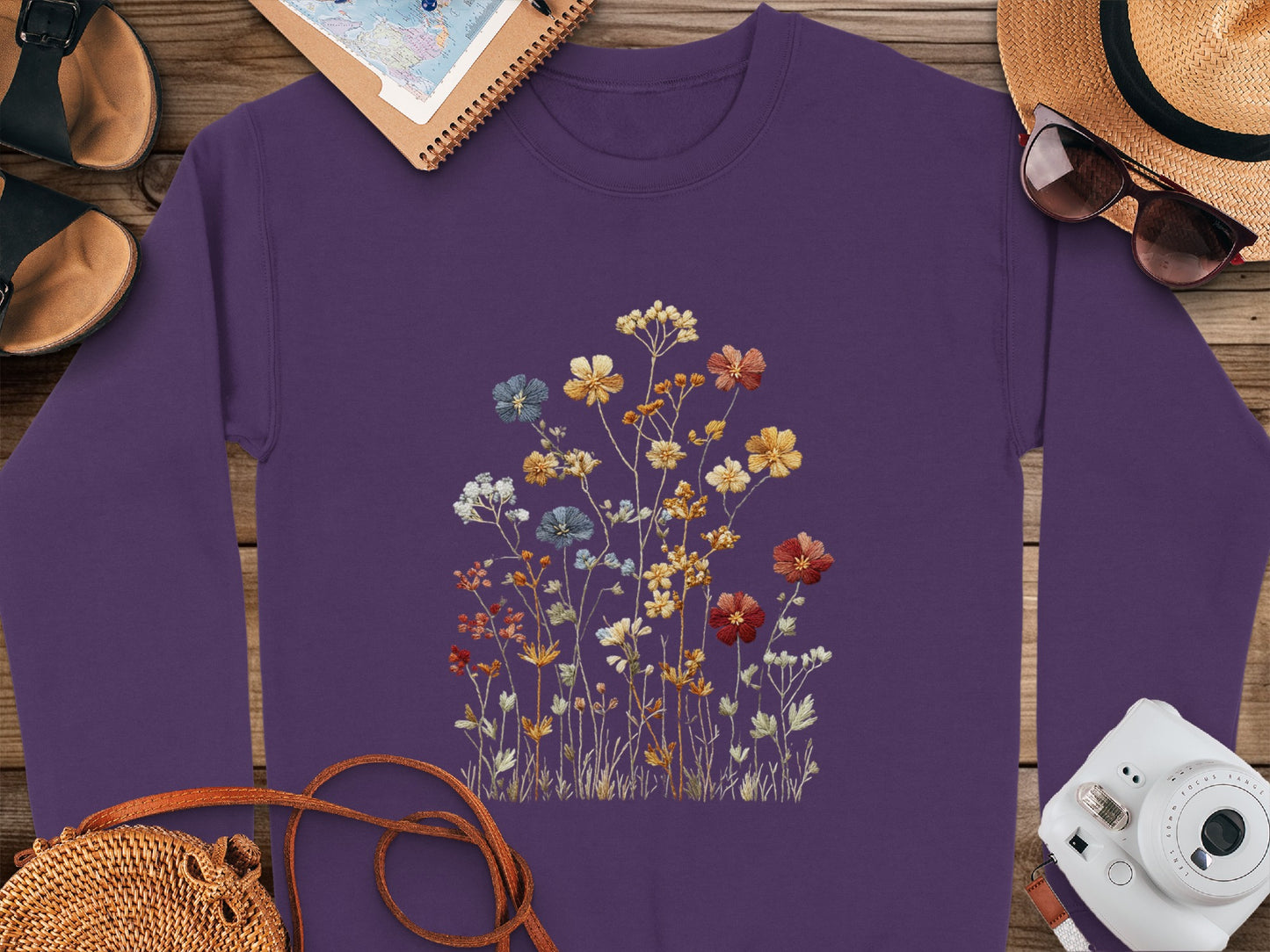 Colorful Floral Embroidered Purple Sweatshirt Top