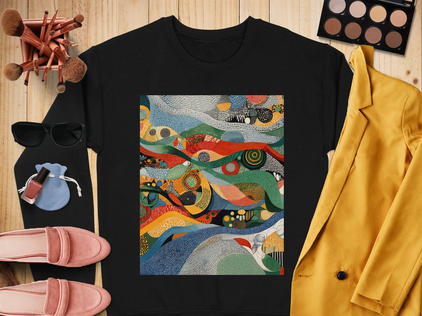 Black Garment Abstract Colorful Swirls Wavy Pattern product type
Sweatshirt, Pullover, Crewneck, Abstract, Pattern, Colorful, Artistic, Modern, Swirls, Wavy, Dots, Geometric, Contemporary, Unique, Vibrant, Intricate, Bright, Black, Multicolor, Apparel