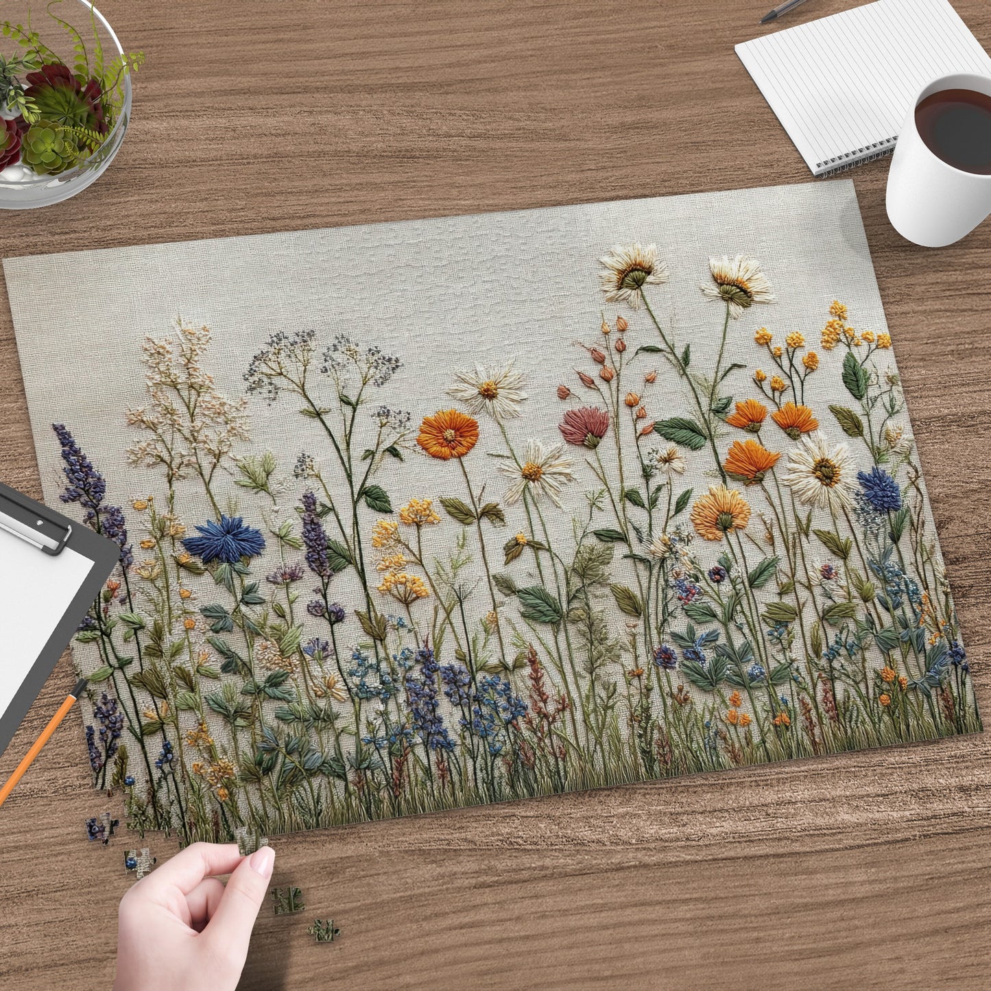 Embroidery kit with wildflowers, green grass, and a hand assembling puzzle pieces.