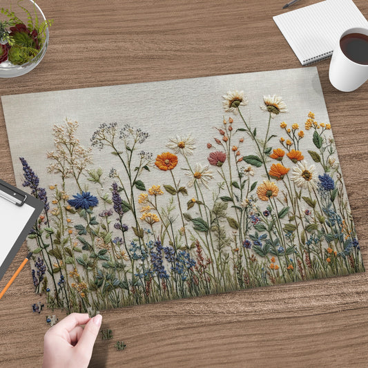 Embroidery kit with wildflowers, green grass, and a hand assembling puzzle pieces.
