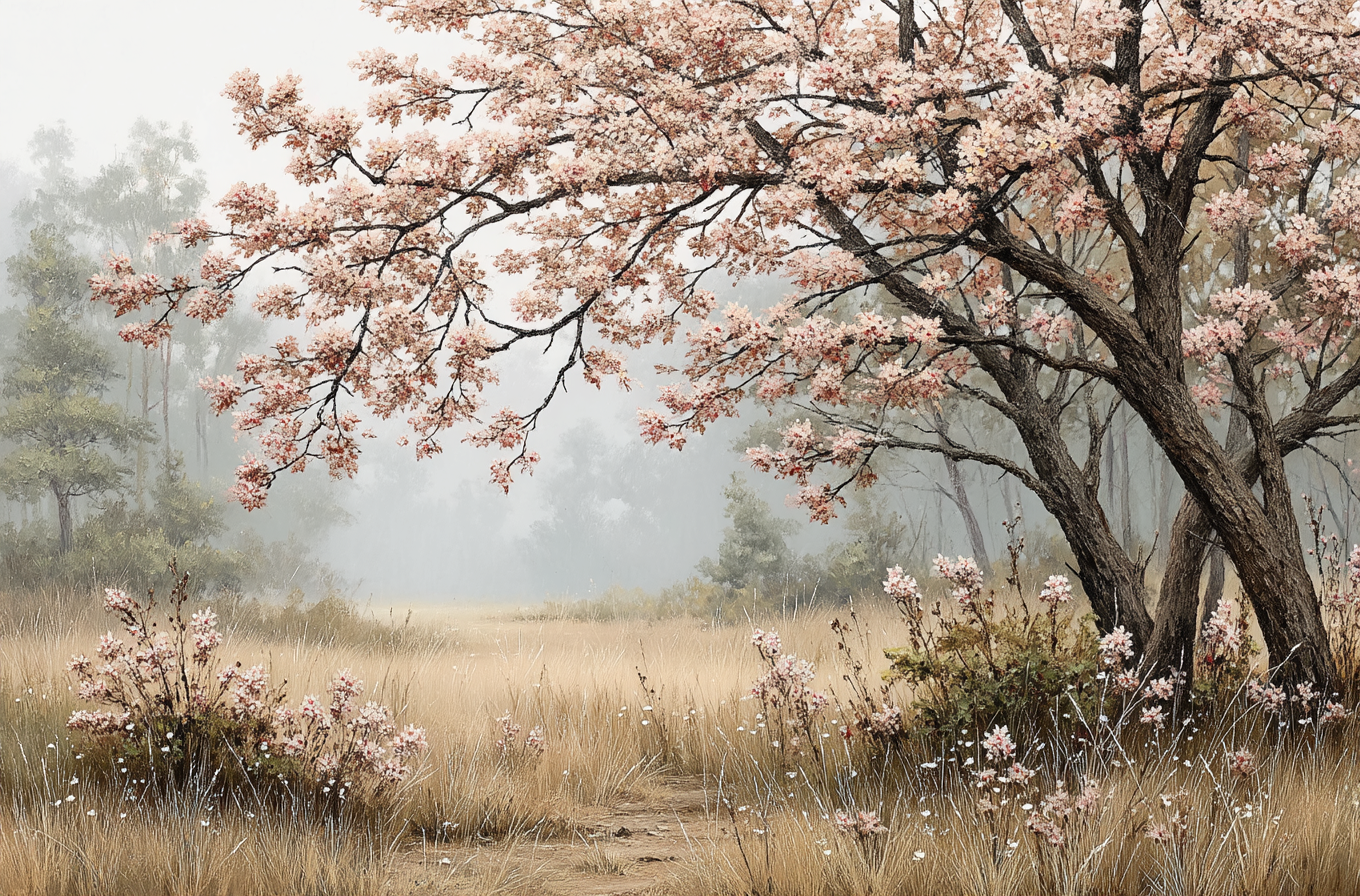 Enchanting Misty Morning Under Pink Blossoms Canvas Print