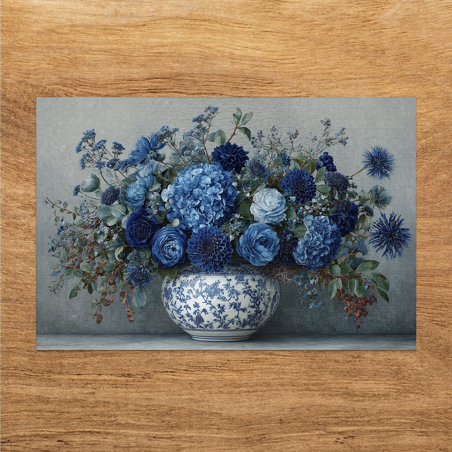 Elegant Blue Floral Arrangement in Decorative Vase Artwork