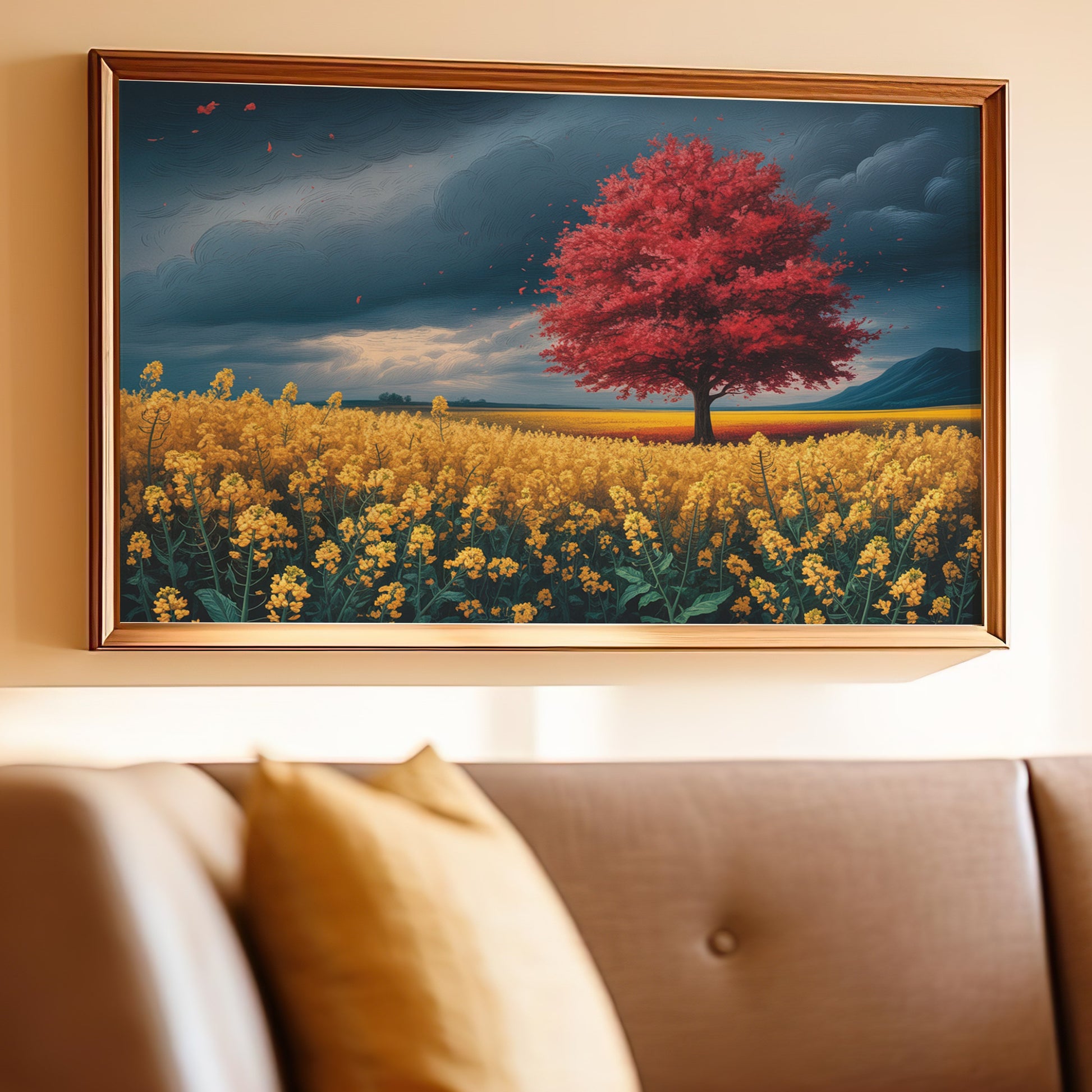 Framed painting of a red tree in a yellow field under dramatic clouds.