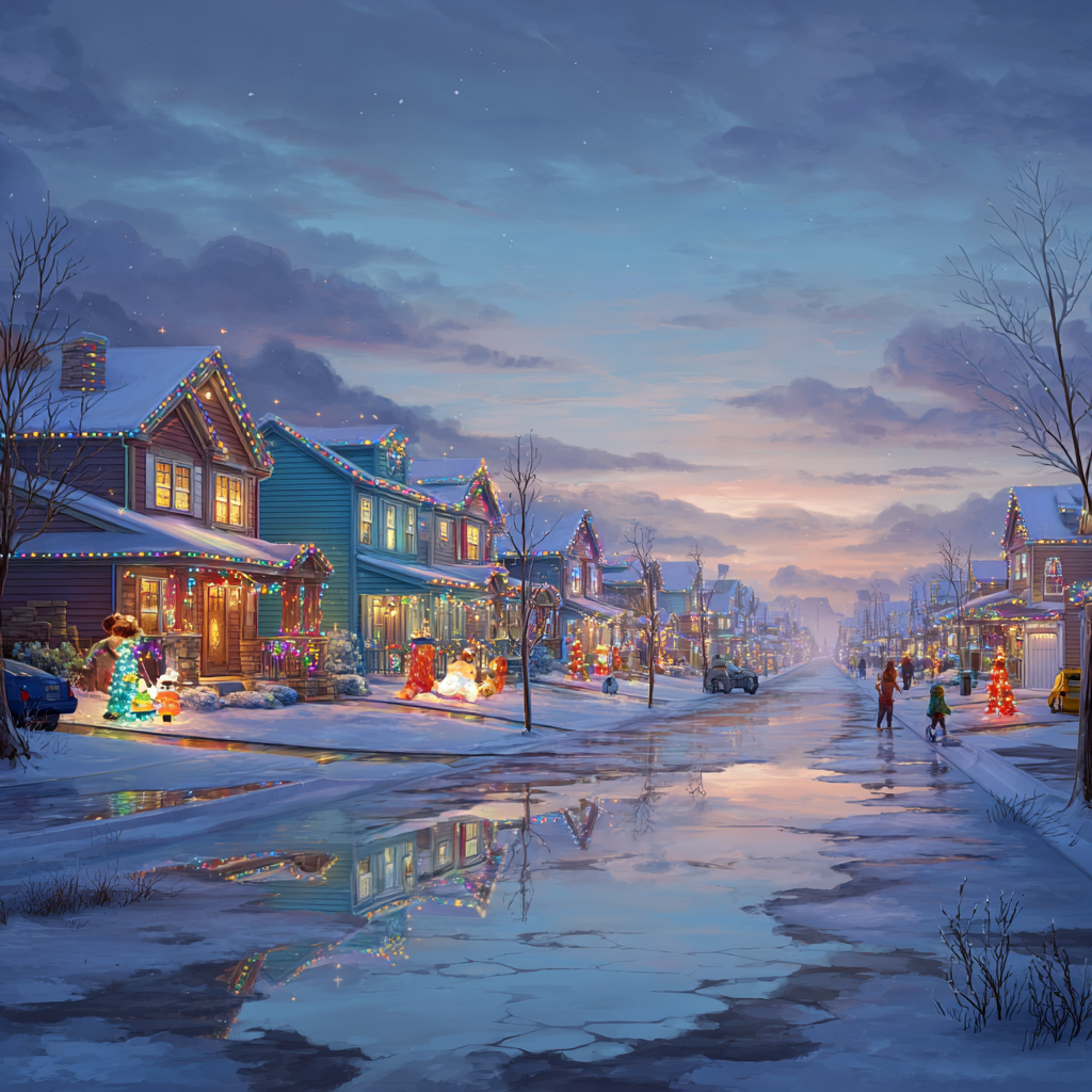 Cozy Snowy Evening Christmas Village Landscape Art