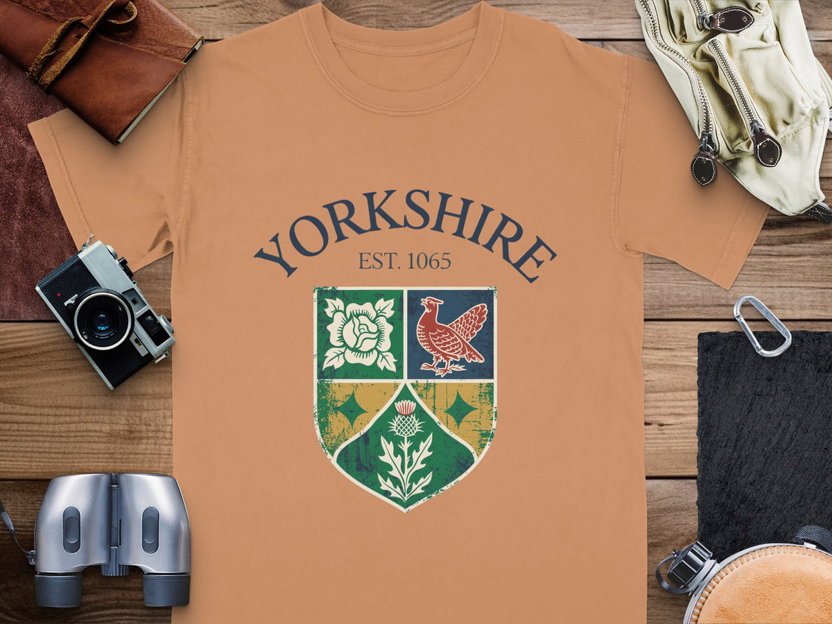 T-shirt with Yorkshire crest, rose, grouse, and thistle, est. 1065.