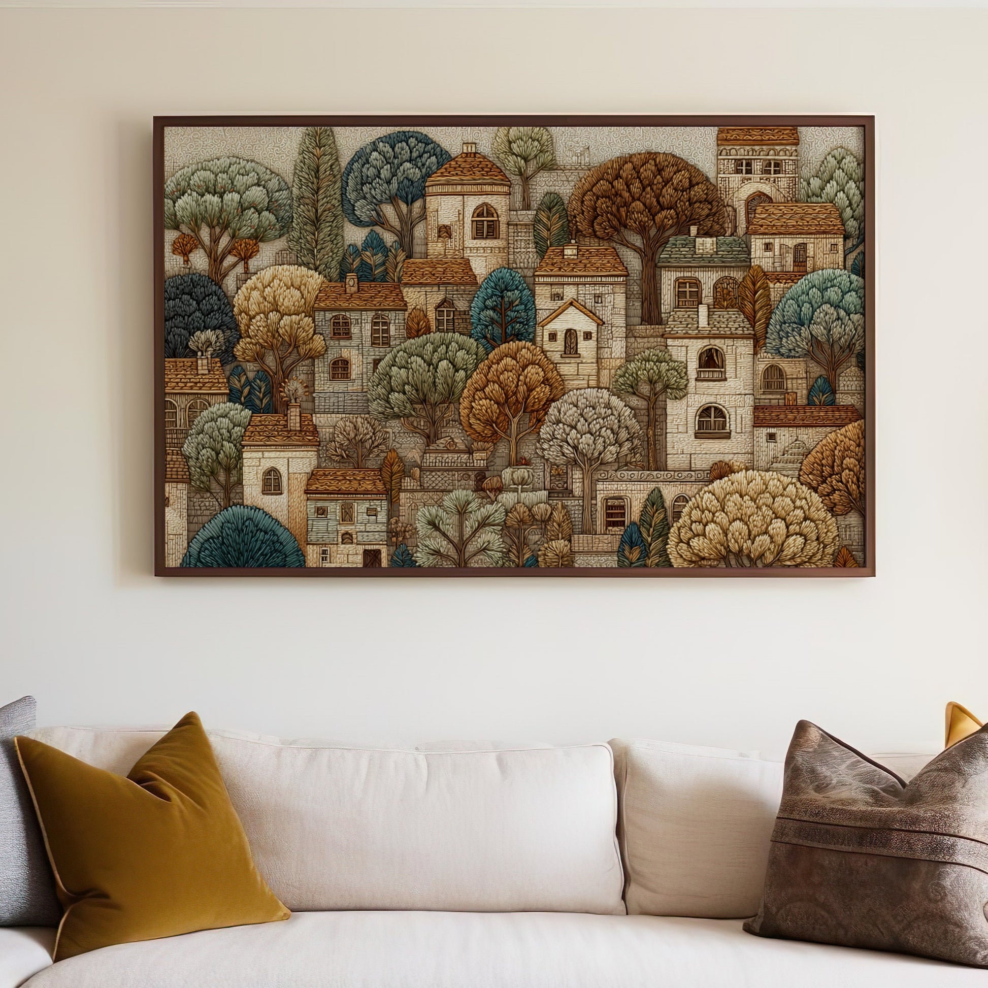 Intricate Landscape Wall Art with Trees and Houses