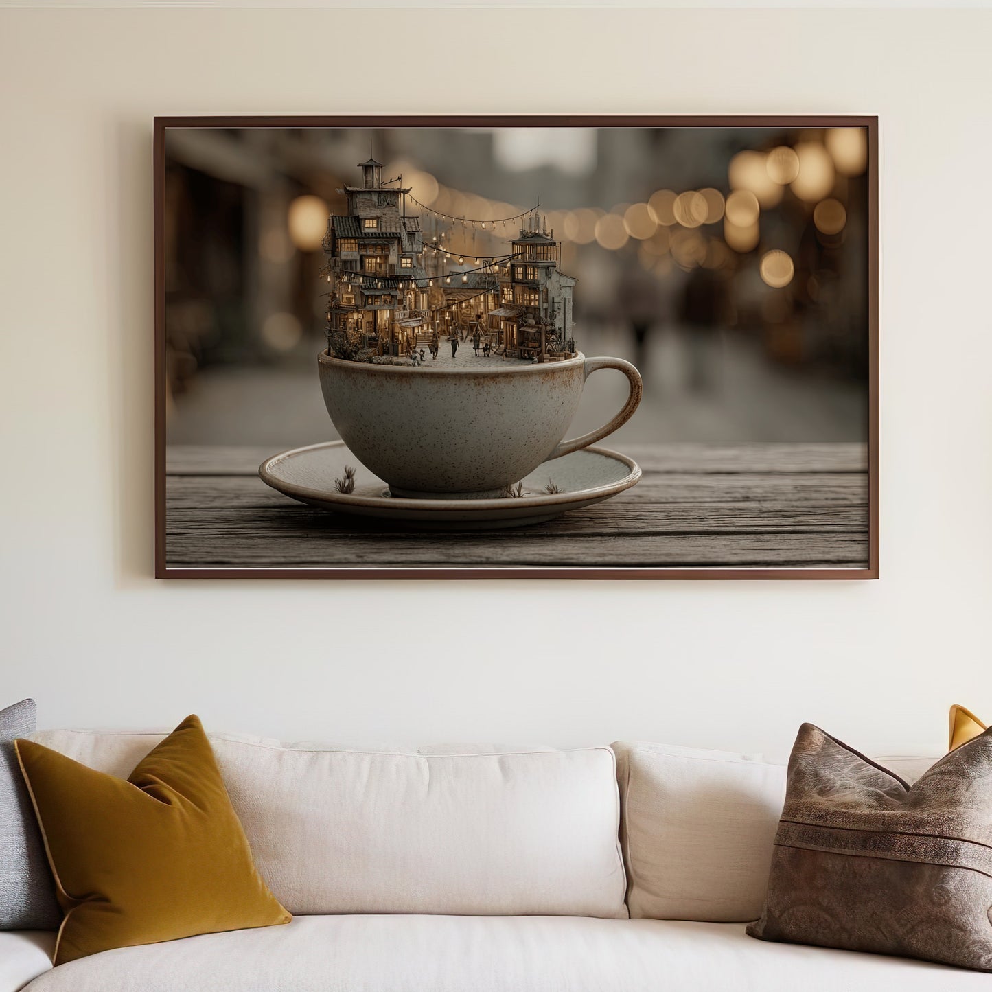Miniature village scene inside a ceramic teacup on a wooden table.