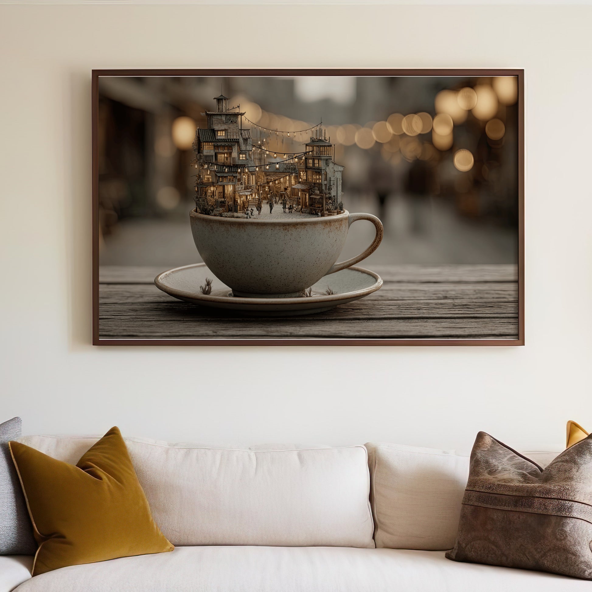 Miniature village scene inside a ceramic teacup on a wooden table.