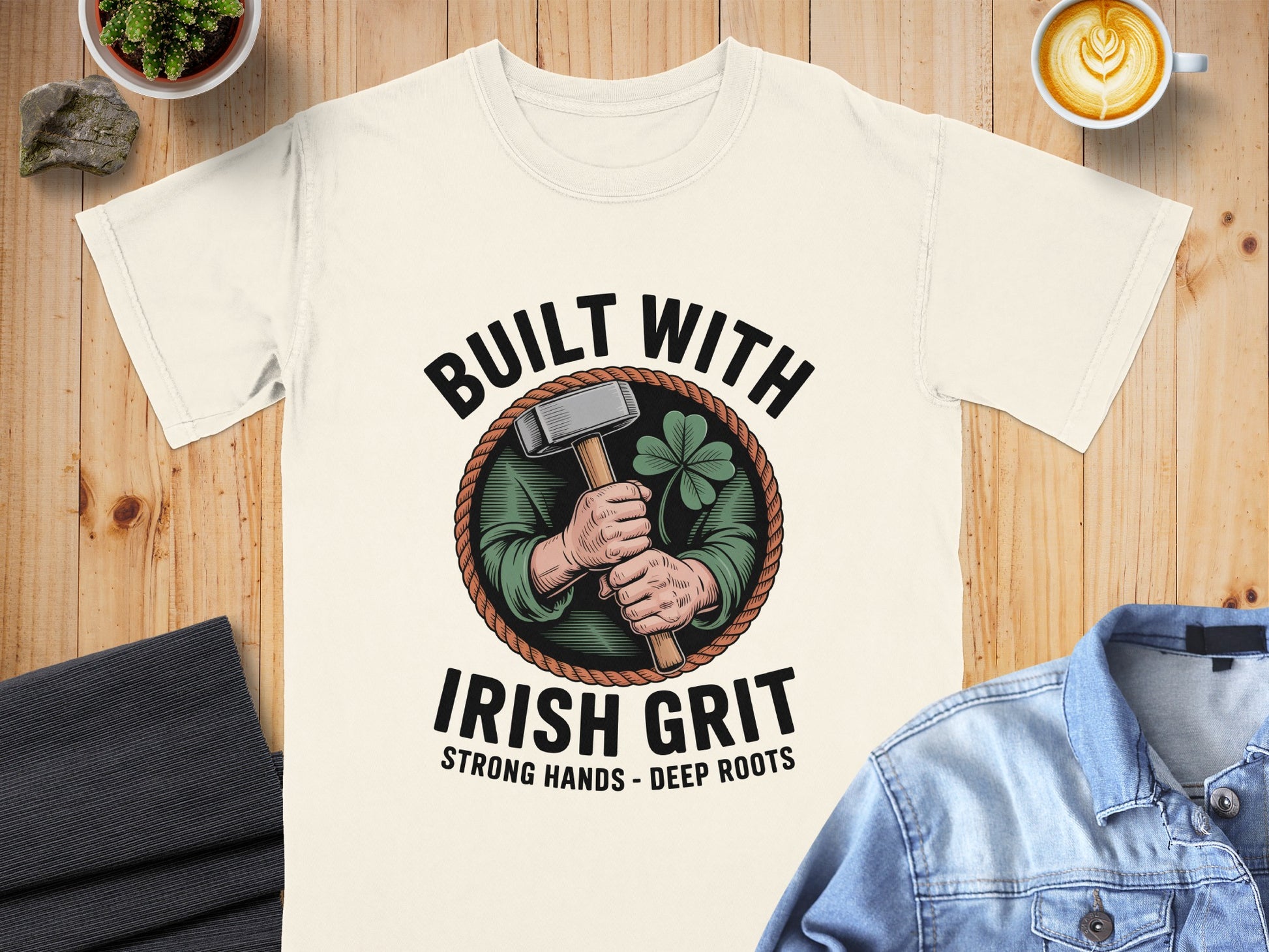 Cream t-shirt with graphic "Built with Irish Grit Strong Hands - Deep Roots"