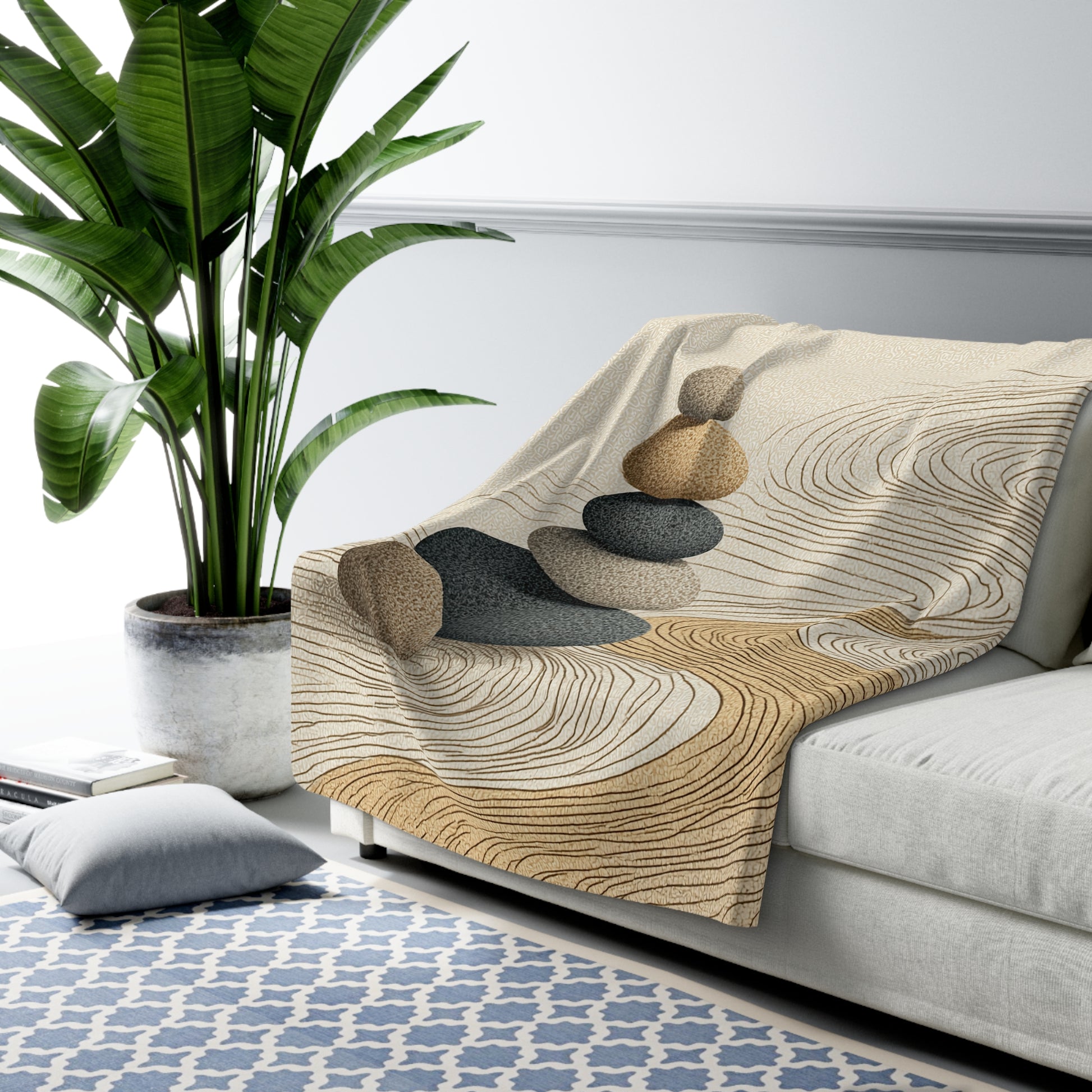 Zen Stone Stack sherpa fleece blanket — calming spa-inspired throw, meditation gift, self care, neutral decor