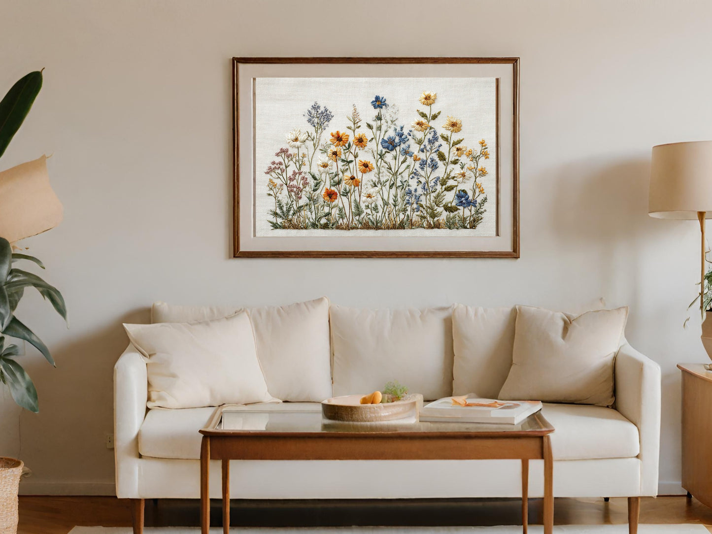 Framed embroidery of wildflowers above a white sofa with a wooden coffee table.