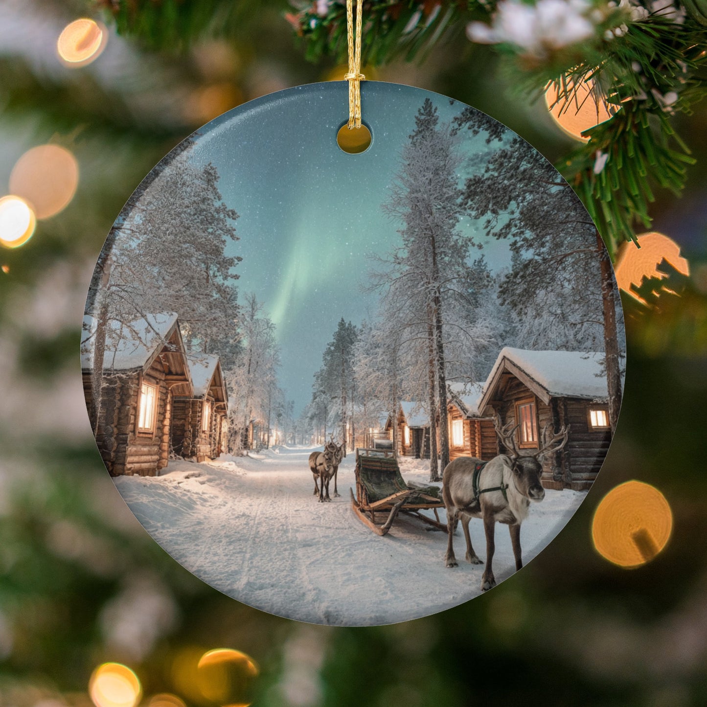 Northern lights reindeer village holiday ornament