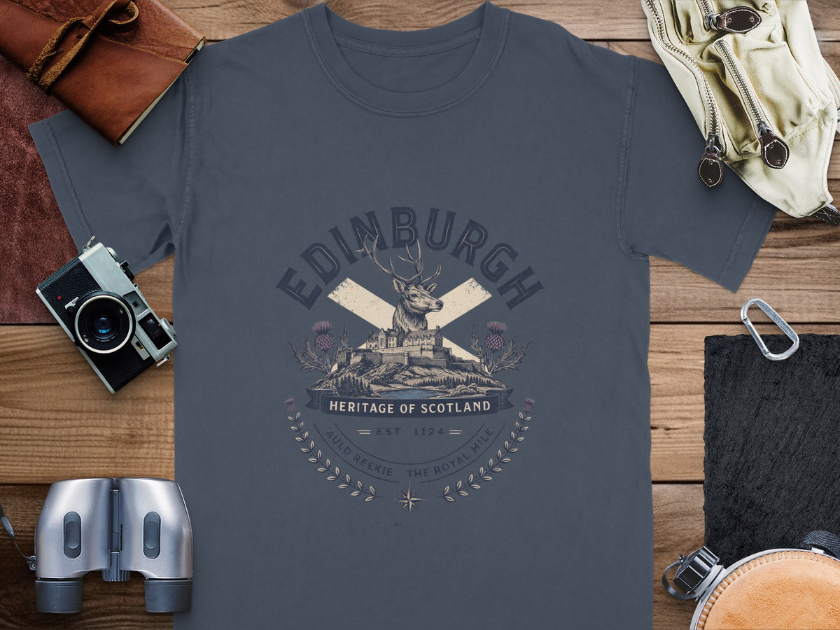 Edinburgh Heritage of Scotland graphic tee with stag and castle emblem.