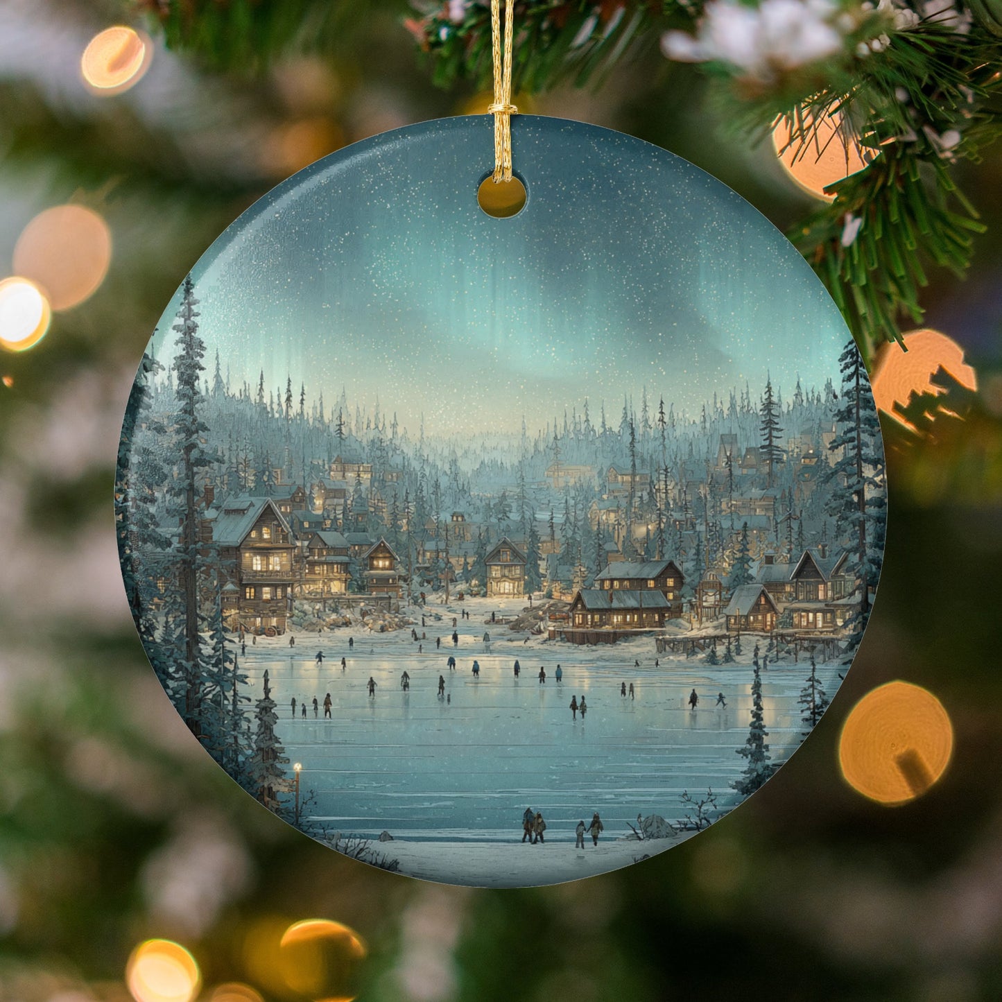 Northern Lights Winter Village Scene Ornament