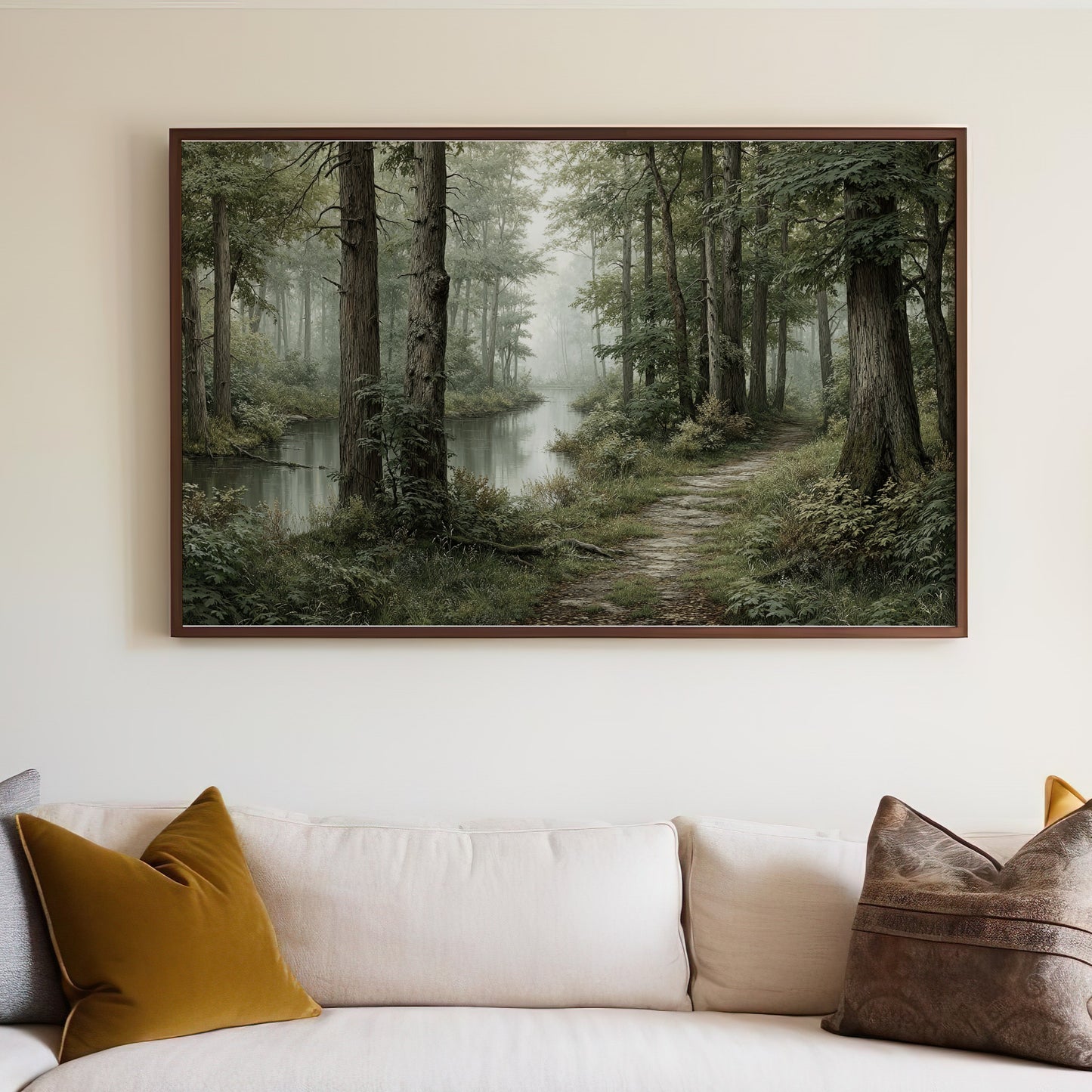Serene Forest Path with Misty Morning Canvas Art