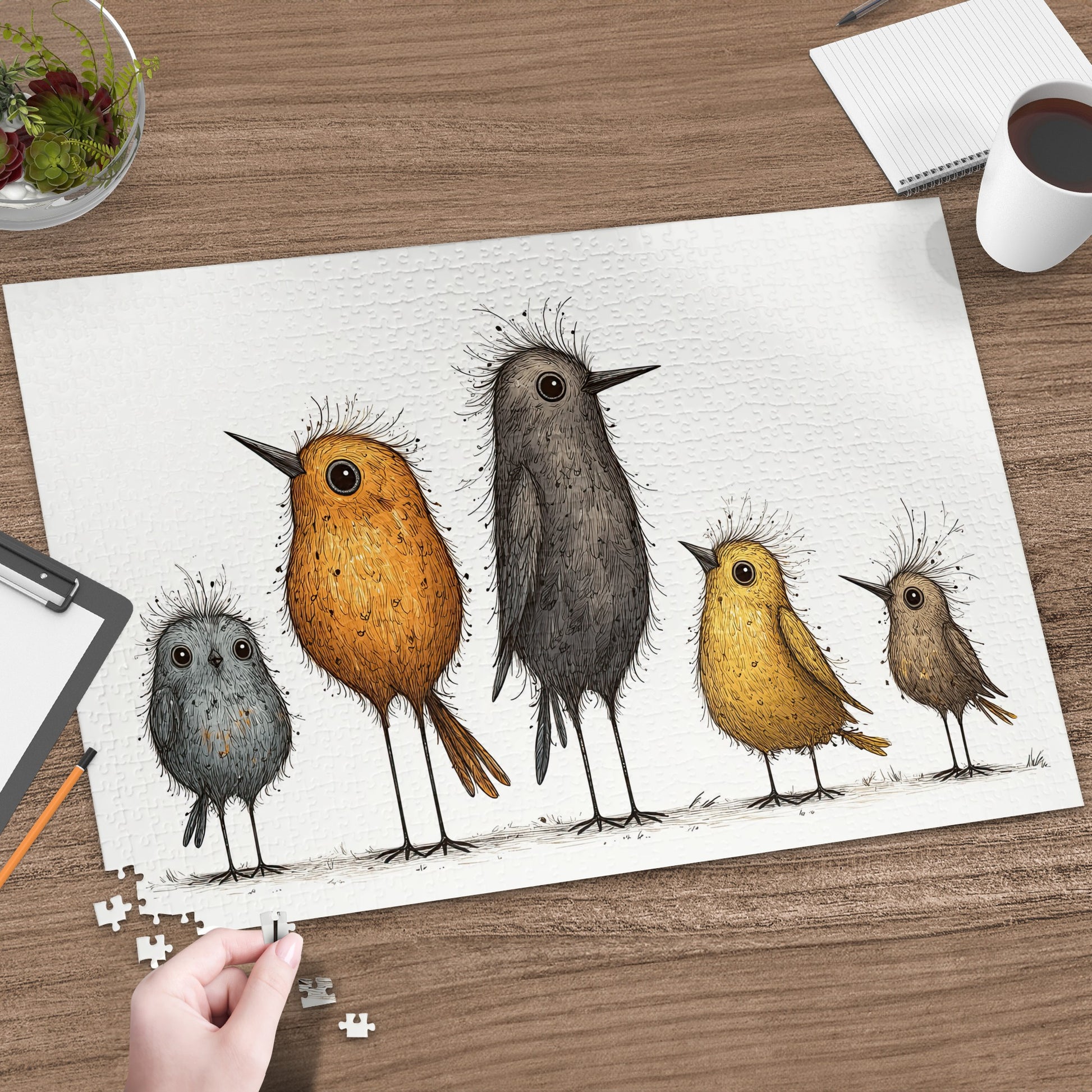Five cartoon birds of varying sizes and colors on a white puzzle.