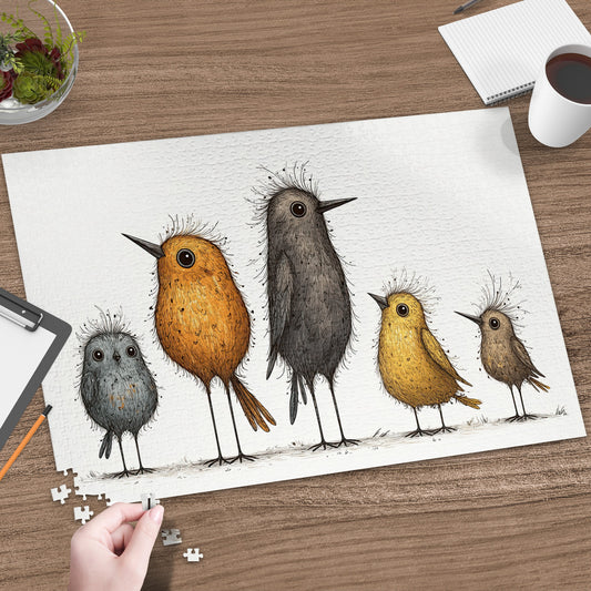 Five cartoon birds of varying sizes and colors on a white puzzle.