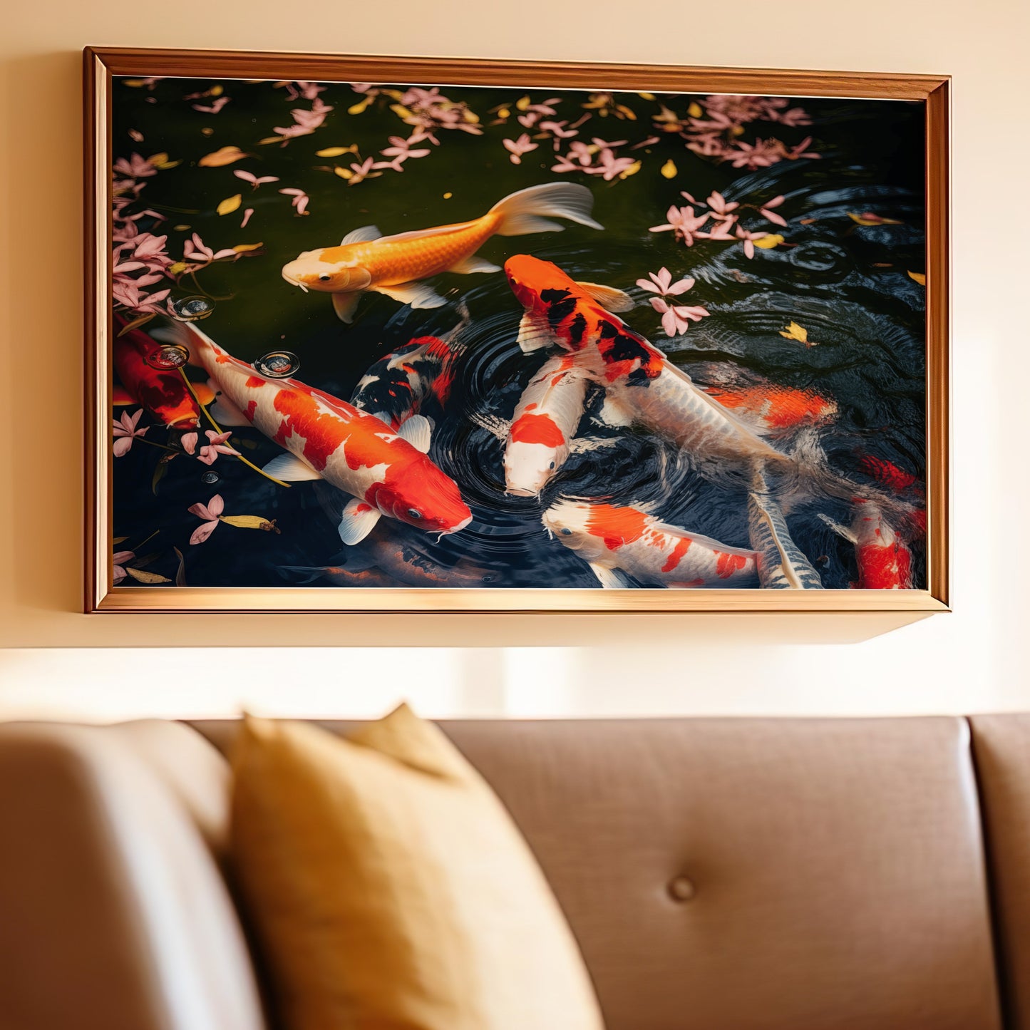 Bright Beautiful Koi Fish With Pink Flowers Framed Artwork