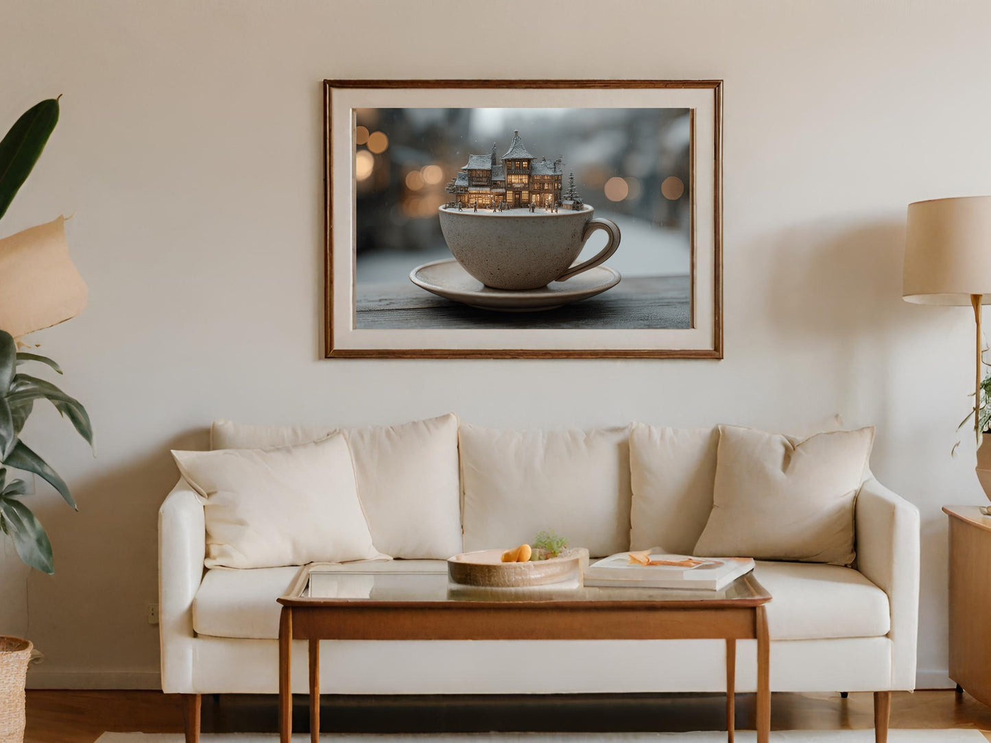 Miniature winter village inside a teacup on a saucer, displayed above a sofa.
