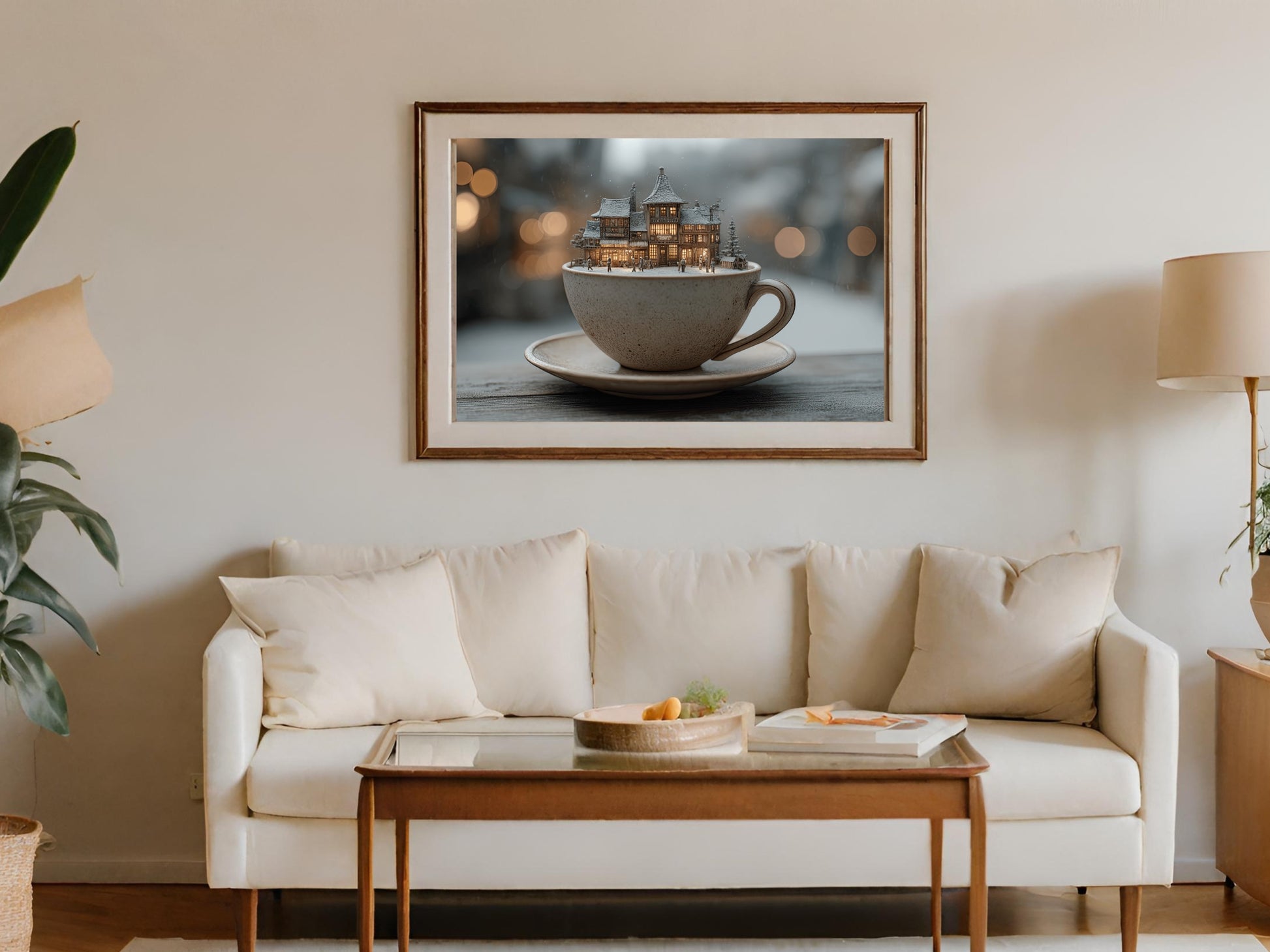 Miniature winter village inside a teacup on a saucer, displayed above a sofa.
