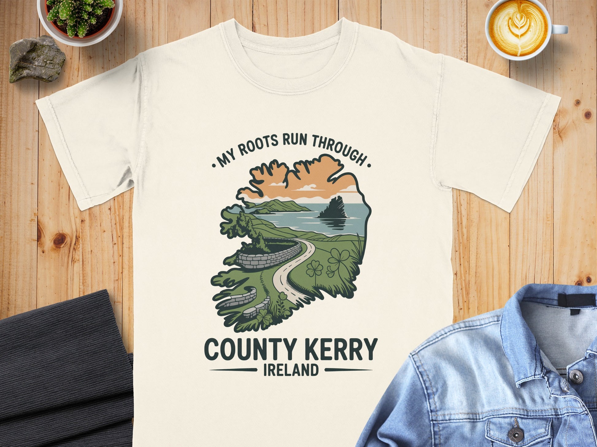County Kerry Ireland graphic on a cream t-shirt with "My Roots Run Through" text.