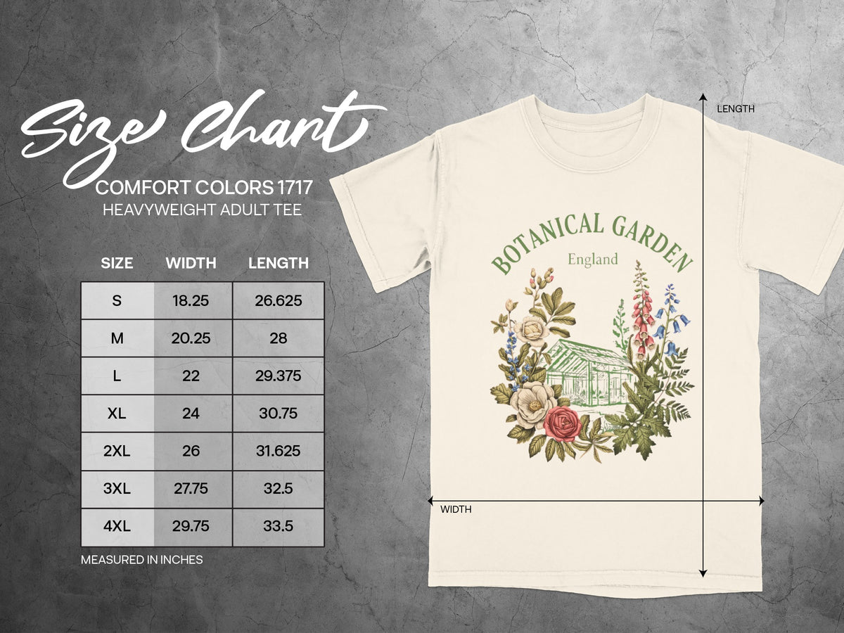 Comfort Colors 1717 size chart for heavyweight adult tee with botanical garden graphic.