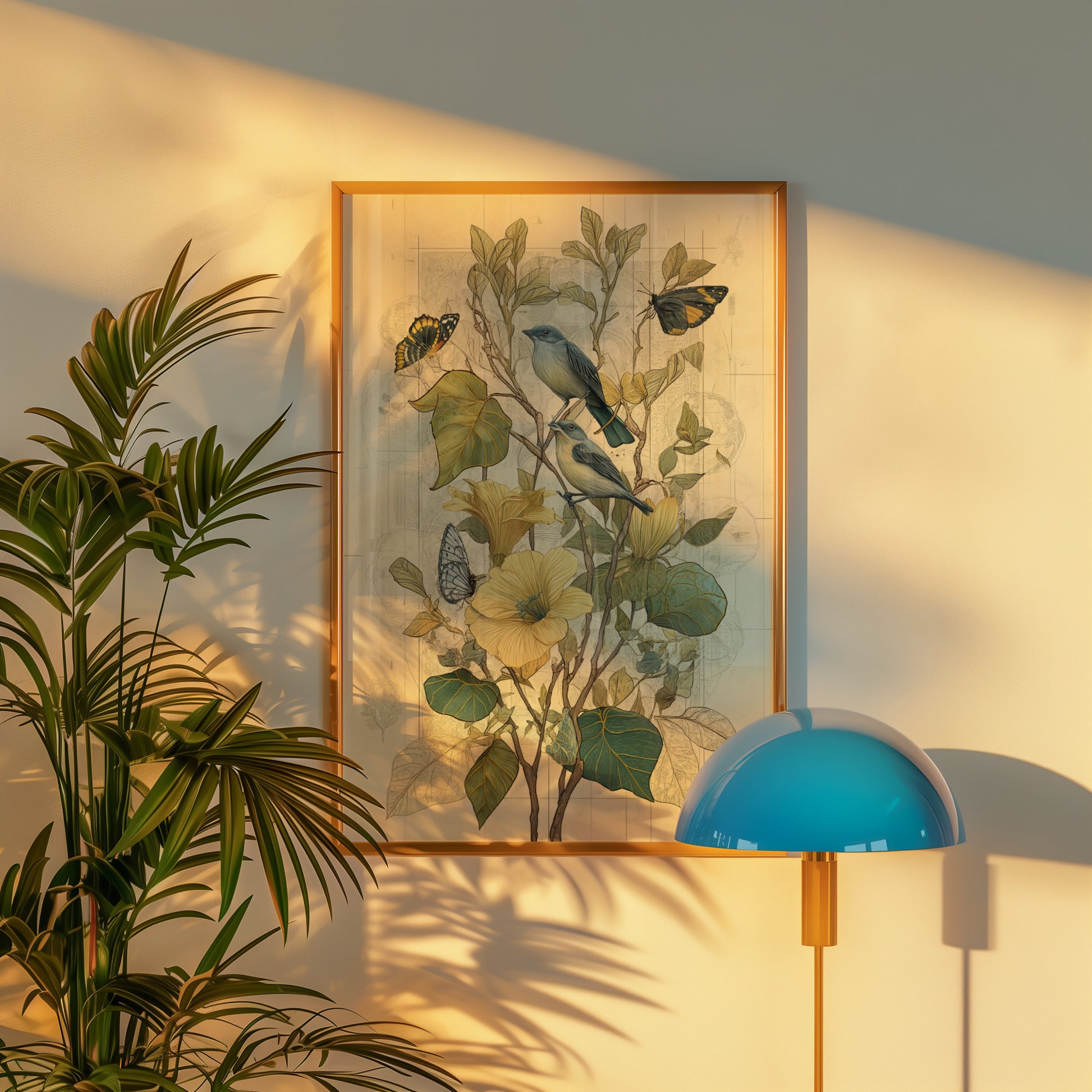 Beautifully Framed Botanical Art with Birds and Butterflies
