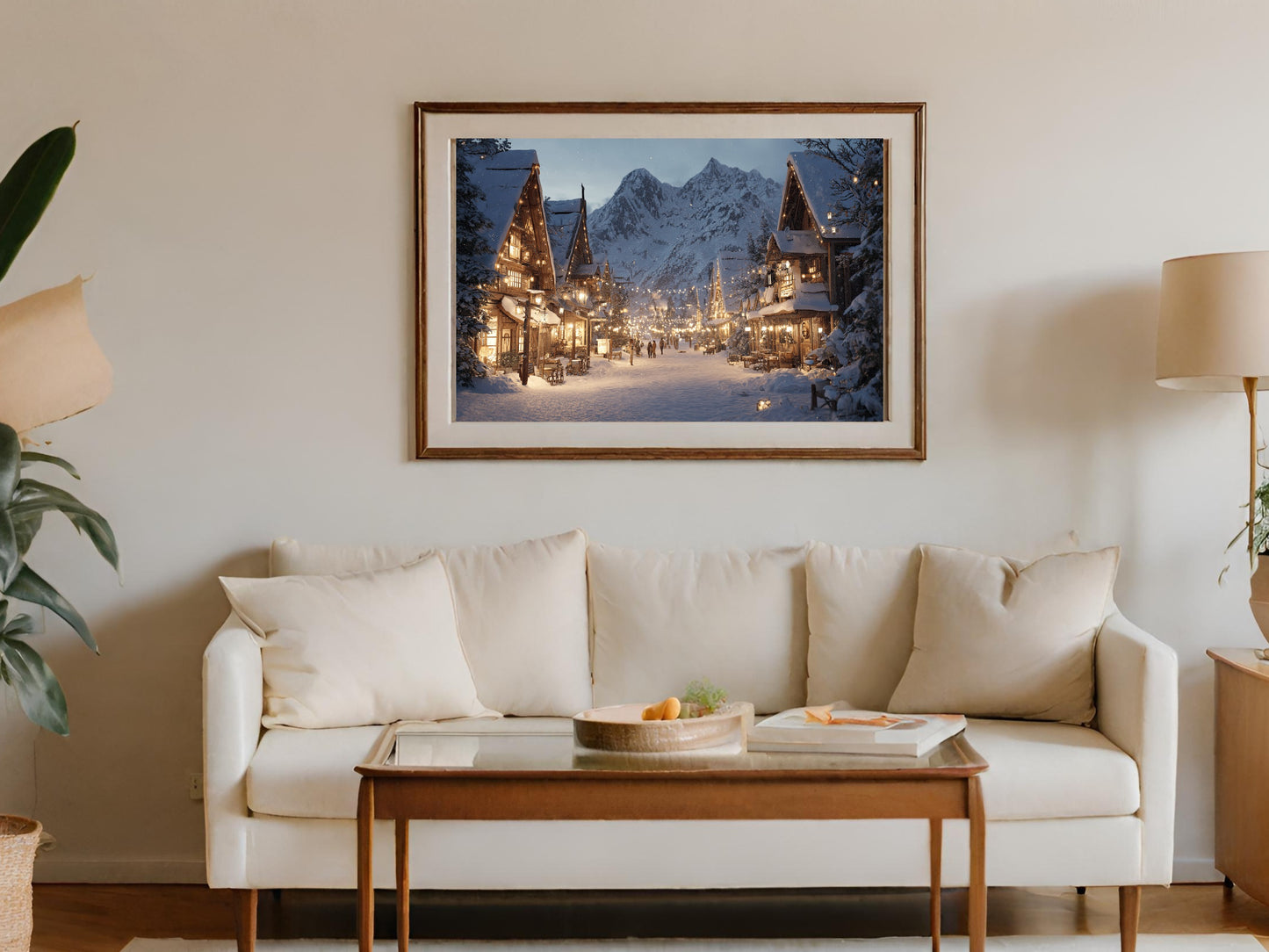 Enchanting Snowy Village Street Mountain Scenery Wall Art Print