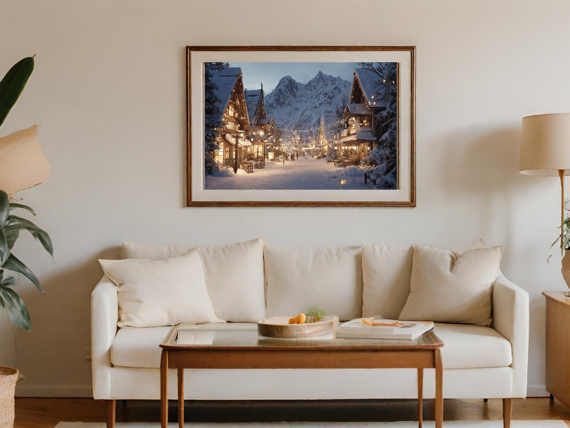 Enchanting Snowy Village Street Mountain Scenery Wall Art Print