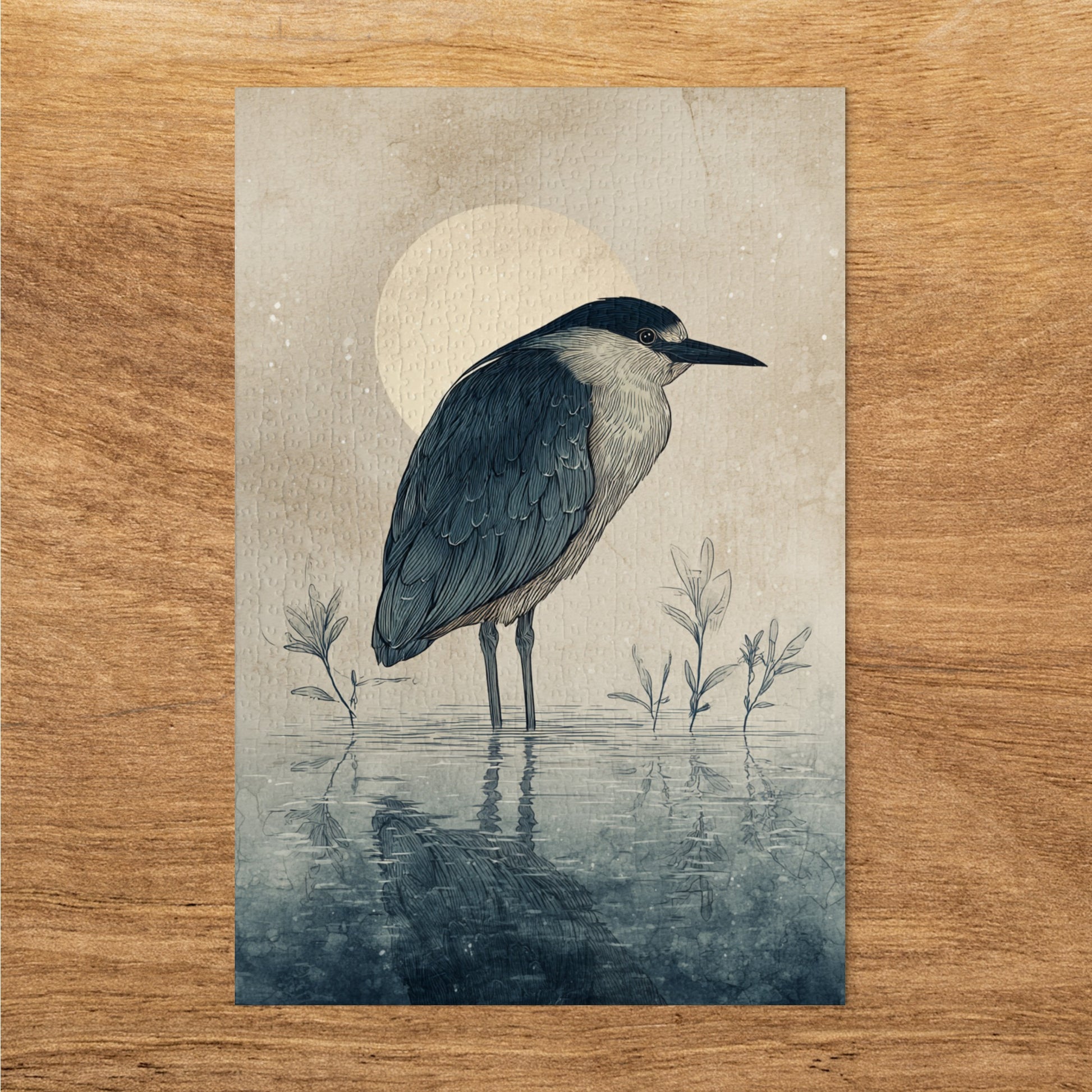 Heron Artwork with Moon and Water Scene Decor Piece