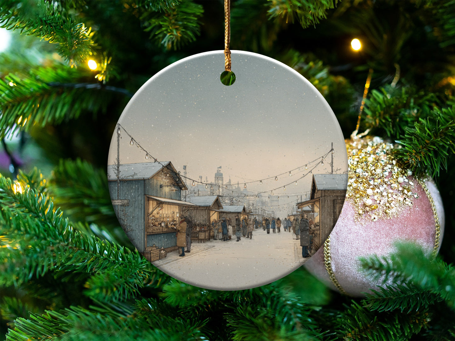 Snowy Christmas Market Scene Holiday Decoration