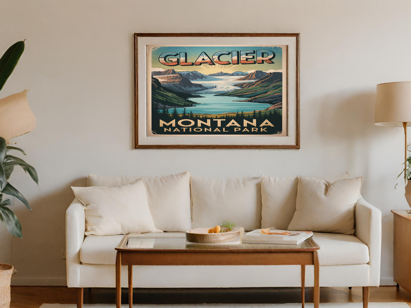 Vintage Glacier National Park Montana poster showing mountains, lake, and glacier.