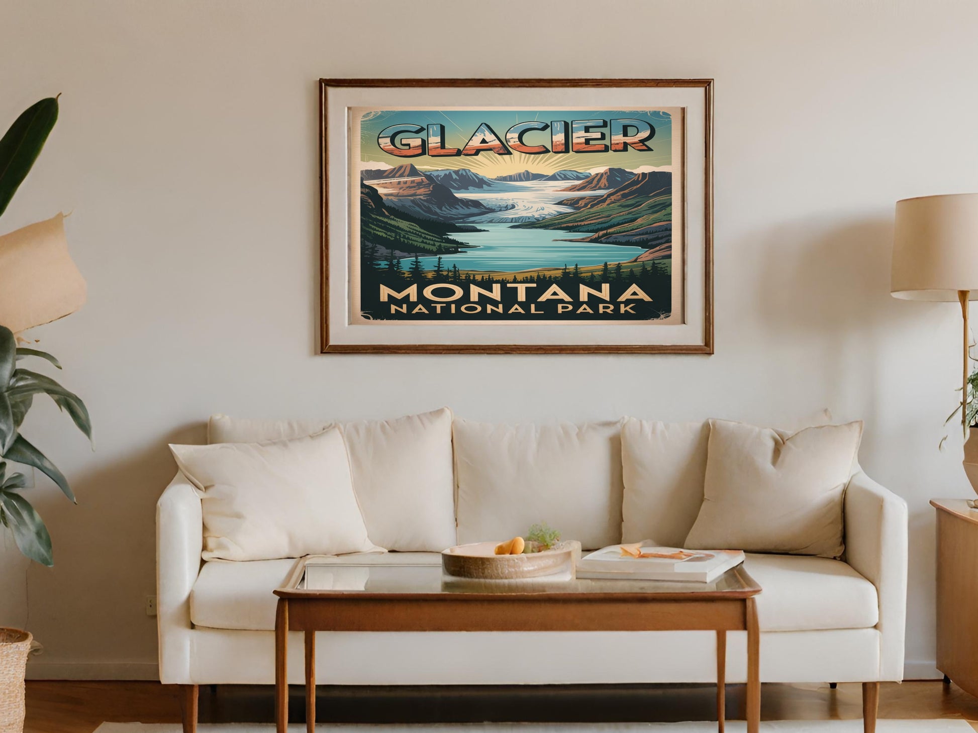 Vintage Glacier National Park Montana poster showing mountains, lake, and glacier.
