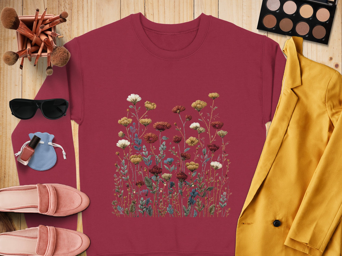 Vibrant Multi Color Floral Design on Red Sweatshirt