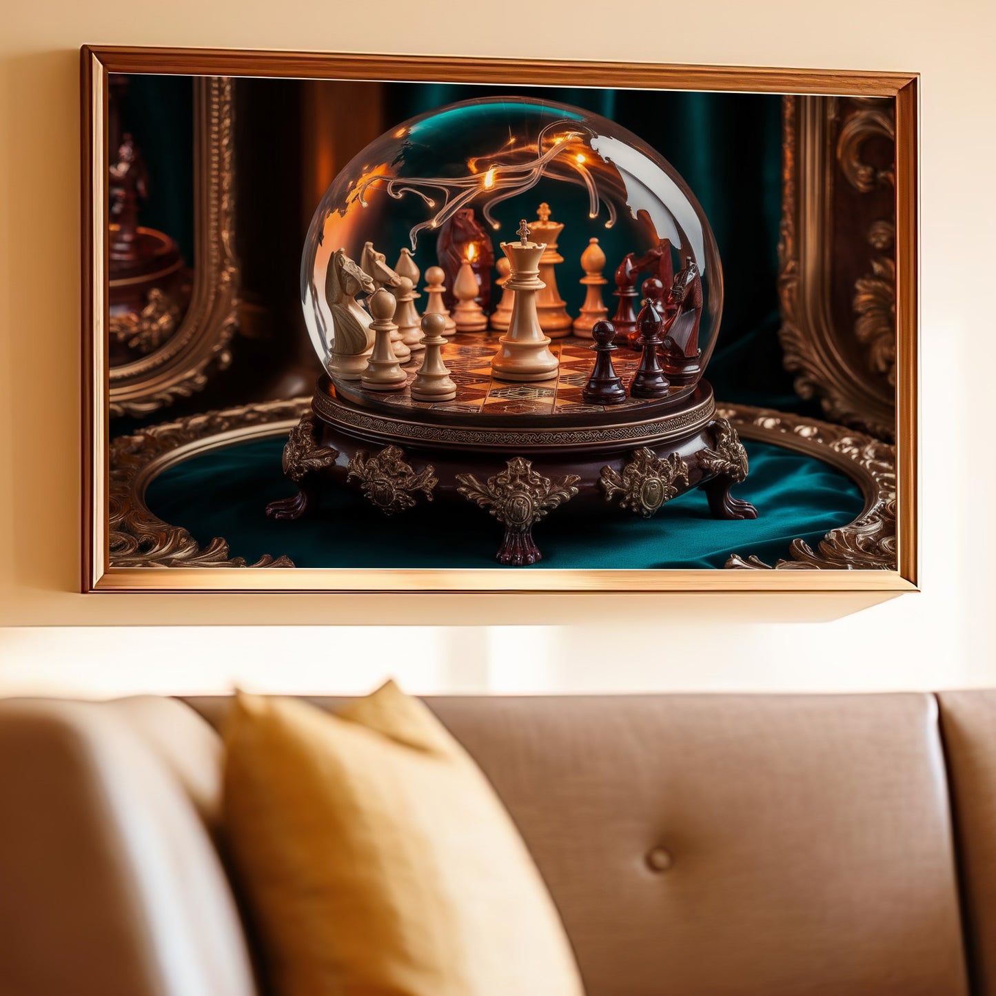 Crystal ball containing a chess set on a decorative pedestal.