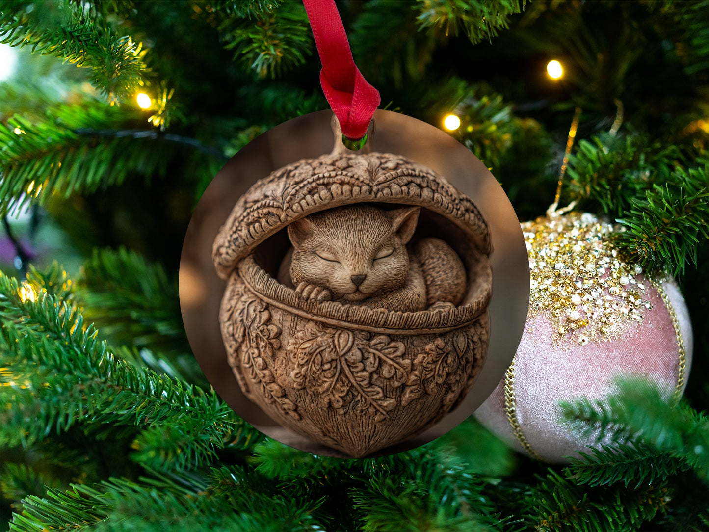 Rustic Cat in Acorn Ornament for Christmas Tree Decor
