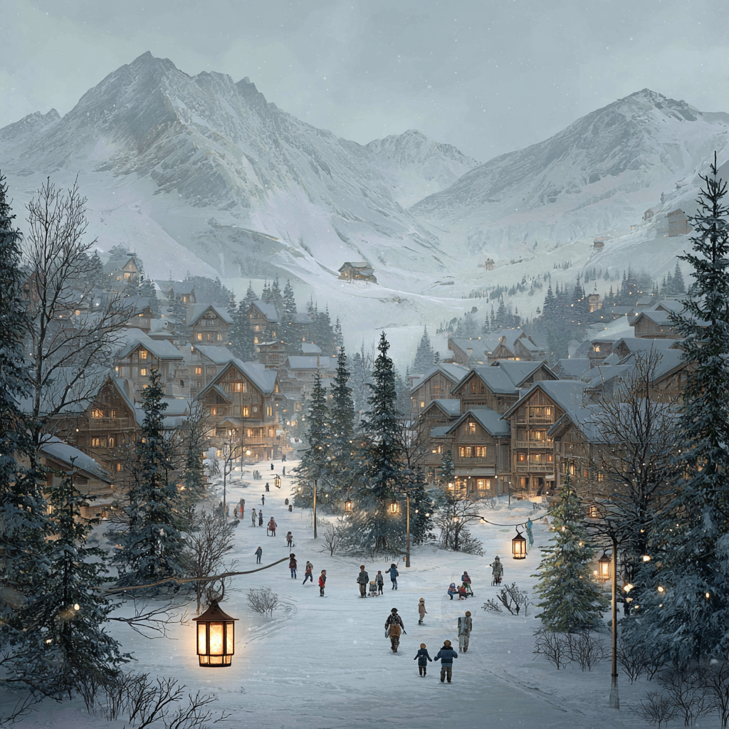 Serene Snowy Mountain Village Scene Wall Art
