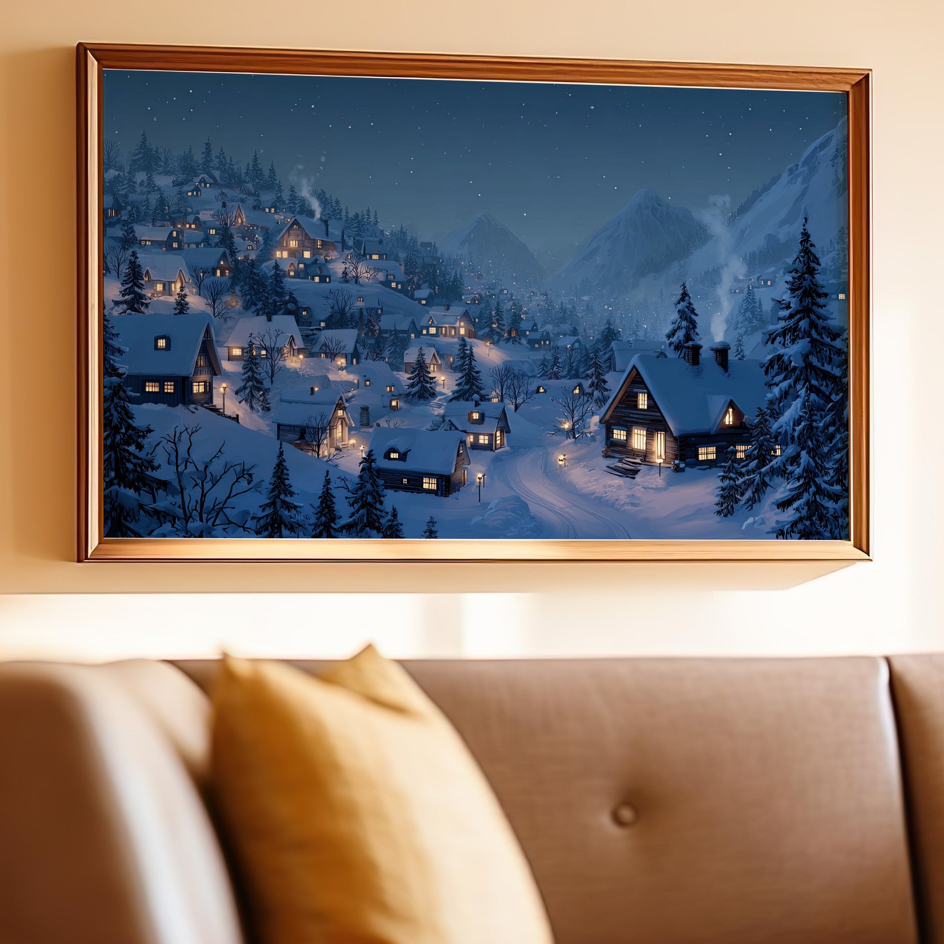 Snowy Mountain Village Night Scene Framed Art product type
Winter landscape
Snowy village
Mountain scenery
Night painting
Christmas art
Holiday decor
Framed print
Home decoration
Wall hanging
Cozy aesthetic
Alpine village
Starry sky
Illuminated houses
Pine trees snow
Cold weather scene
Cabin artwork
Peaceful setting
Digital art print
Evening atmosphere
Residential snow scene