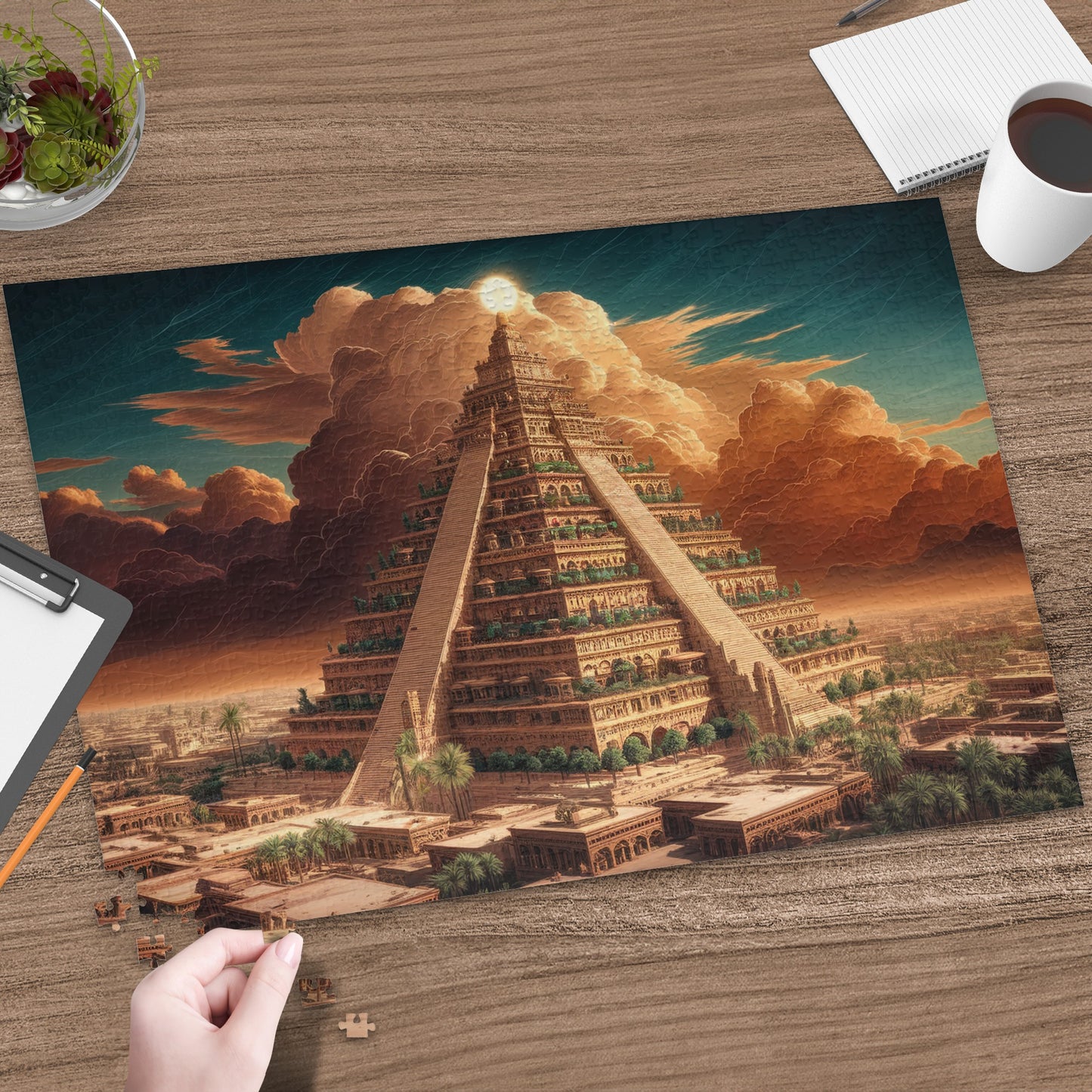 Jigsaw puzzle of a large, ancient ziggurat with clouds and a bright sun.