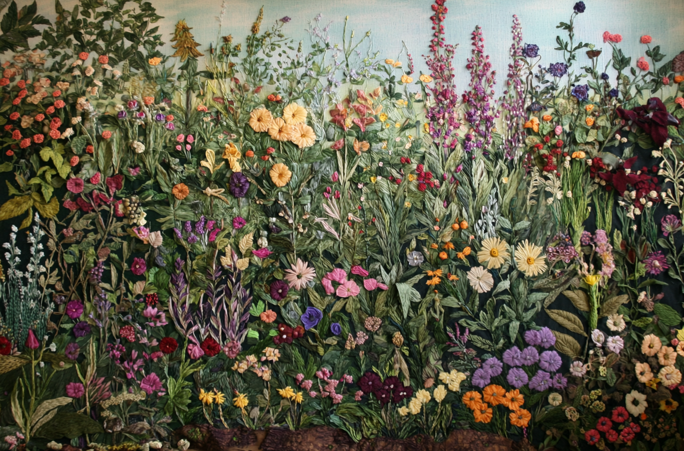 Beautiful Embroidered Floral Garden Scene Wall Art