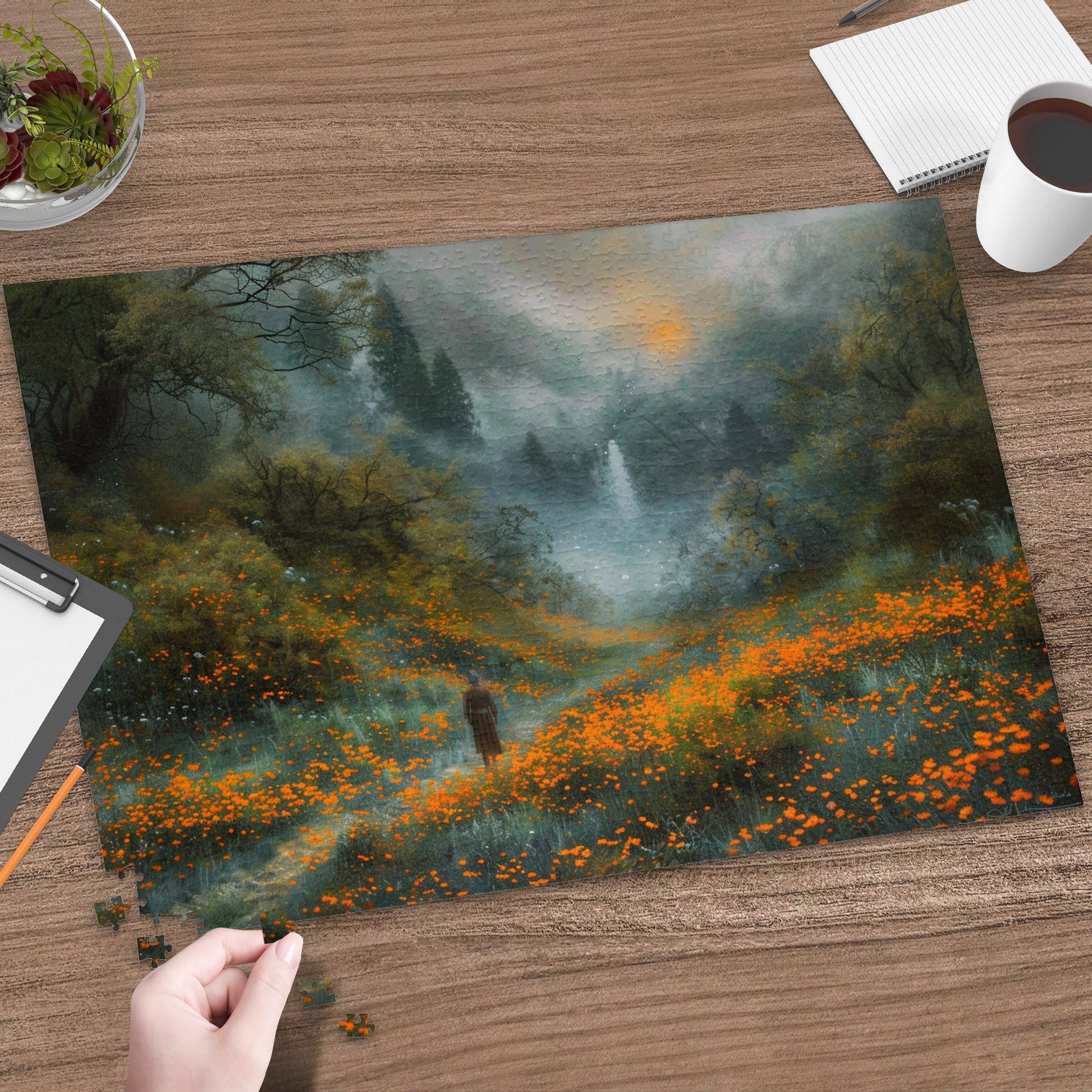 Mystical Valley Landscape Puzzle with Orange Flowers