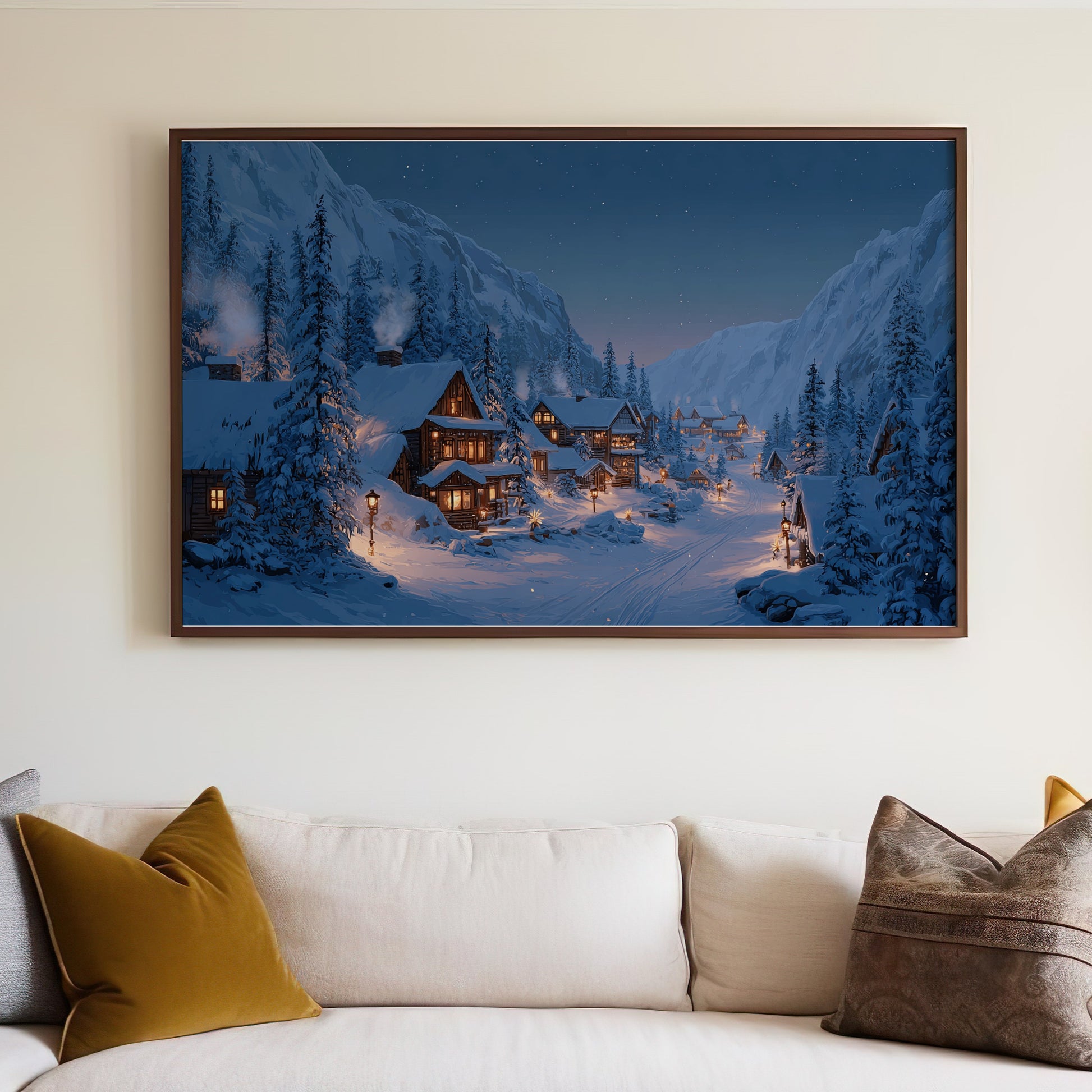 Alpine Winter Wonderland Starry Night Village product type
Winter landscape
Snowy village
Mountain art
Cozy cabins
Night scene
Starry sky
Alpine decor
Forest trees
Holiday theme
Christmas art
Wall decor
Home ambiance
Nature painting
Scenic view
Serene artwork
Peaceful scene
House lights
Winter wonderland
Fantasy village
Evening glow