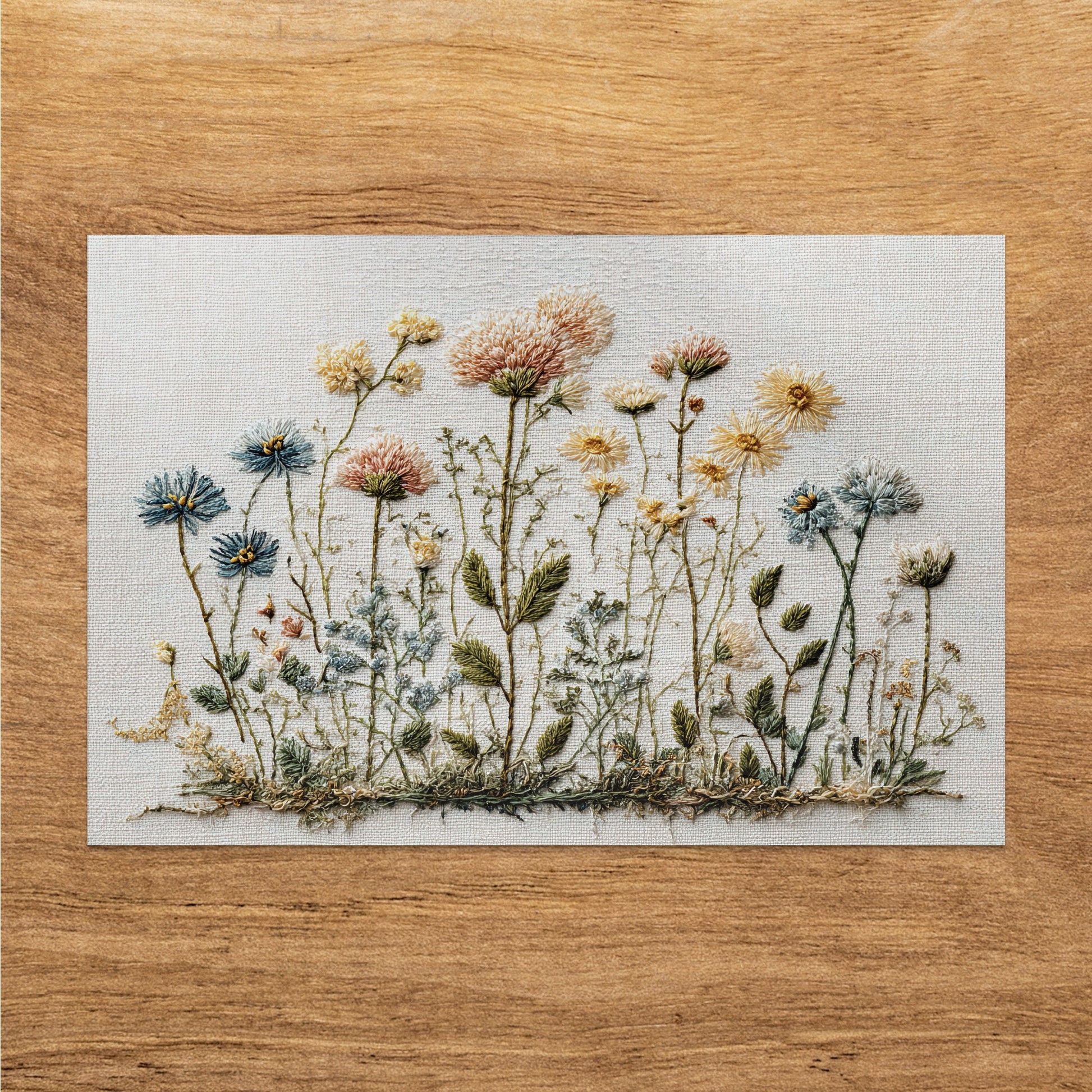 Embroidery of a field of wildflowers in various colors and sizes.
