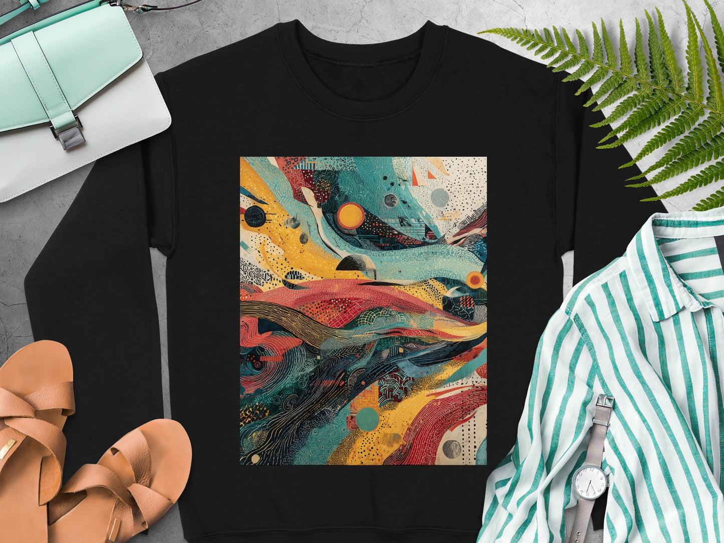 Dynamic Abstract Pattern Black Crewneck Sweatshirt product type
sweatshirt
crewneck
abstract art
colorful
modern design
vibrant print
artistic
graphic print
unique pattern
black sweatshirt
swirl design
wavy lines
geometric shapes
pop art
contemporary fashion
streetwear
casual top
pullover
eye catching
bold design