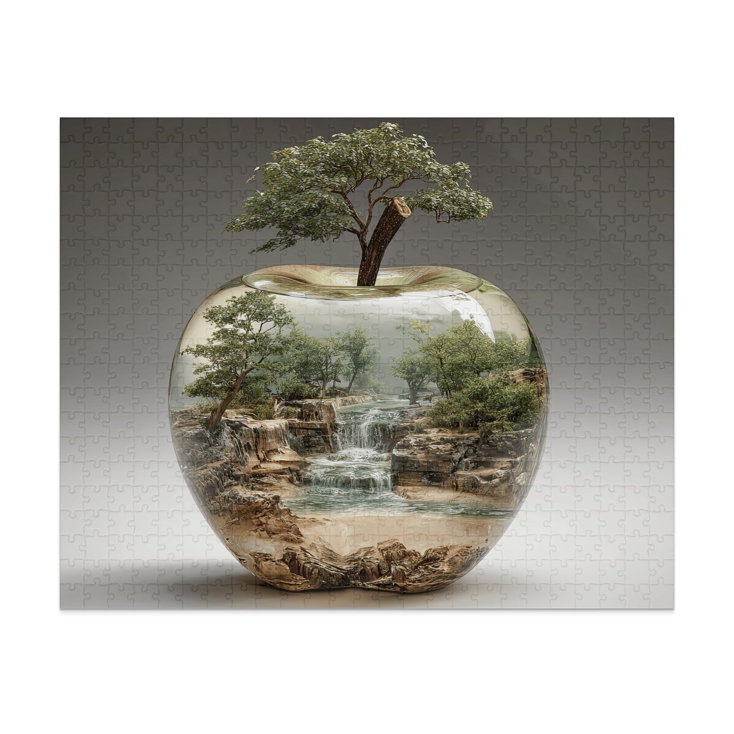 Tree growing from an apple containing a miniature landscape with waterfalls.