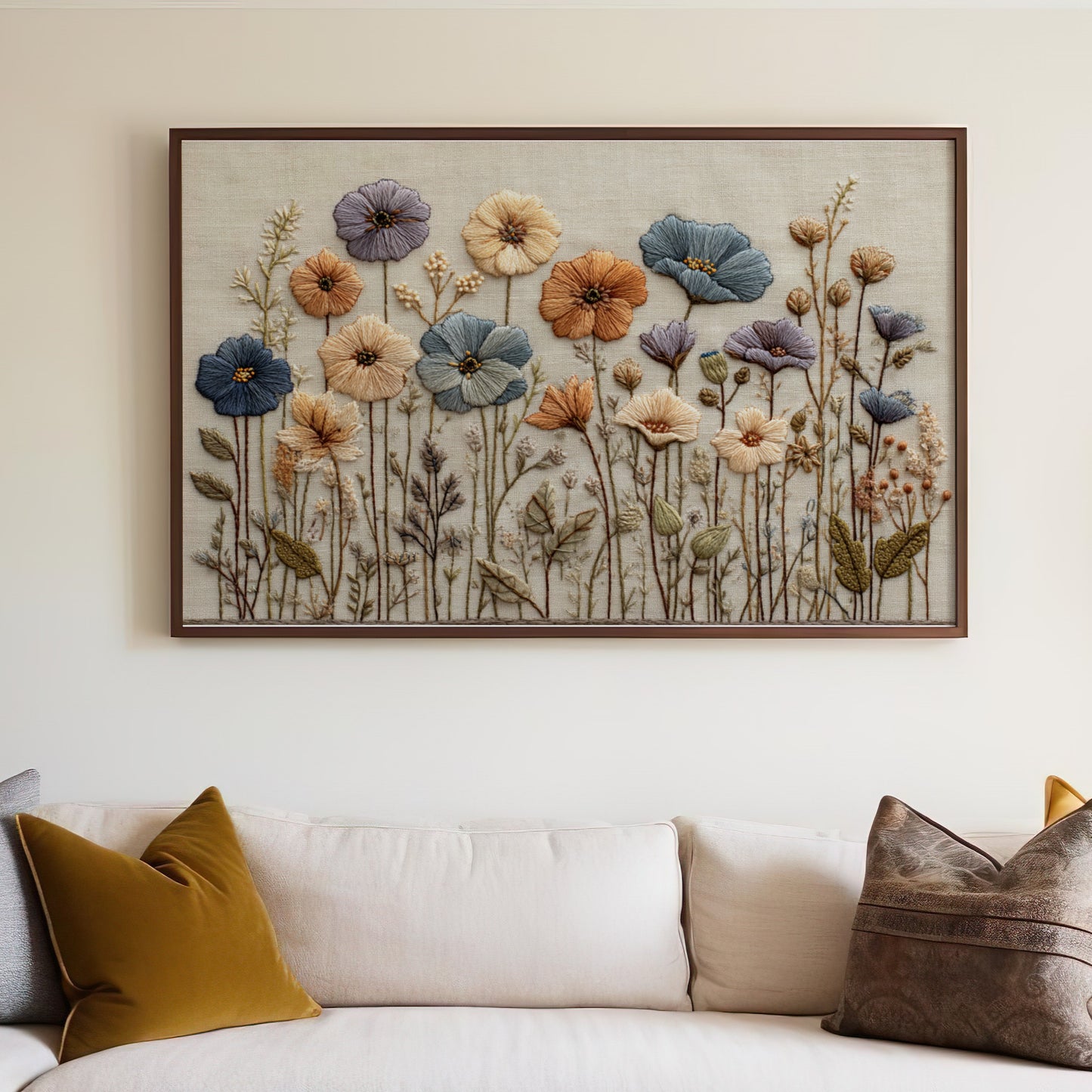 Framed Floral Embroidery Art for Wall Decoration